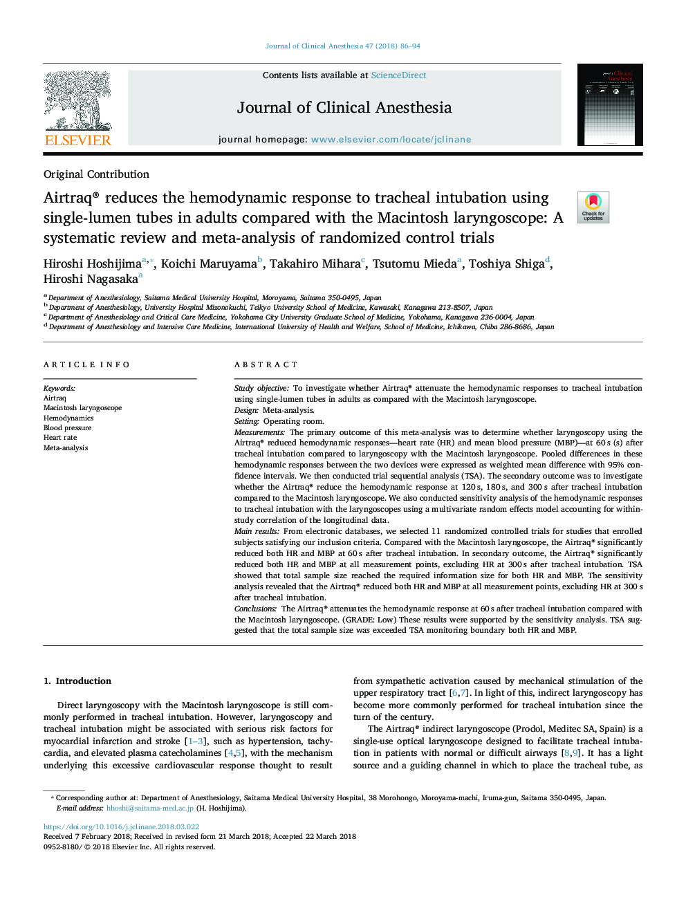 Airtraq® reduces the hemodynamic response to tracheal intubation using single-lumen tubes in adults compared with the Macintosh laryngoscope: A systematic review and meta-analysis of randomized control trials