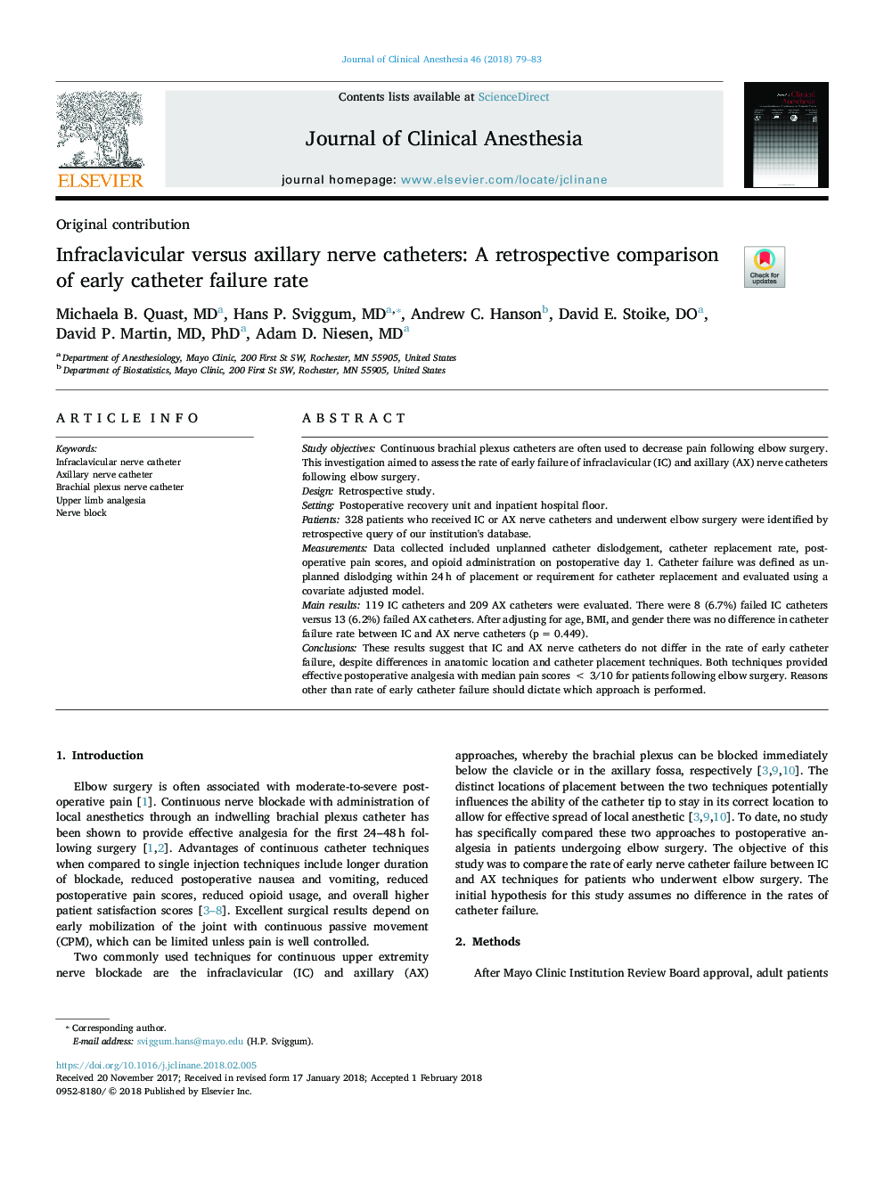 Infraclavicular versus axillary nerve catheters: A retrospective comparison of early catheter failure rate