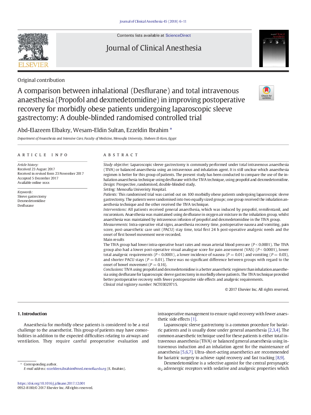 A comparison between inhalational (Desflurane) and total intravenous anaesthesia (Propofol and dexmedetomidine) in improving postoperative recovery for morbidly obese patients undergoing laparoscopic sleeve gastrectomy: A double-blinded randomised control