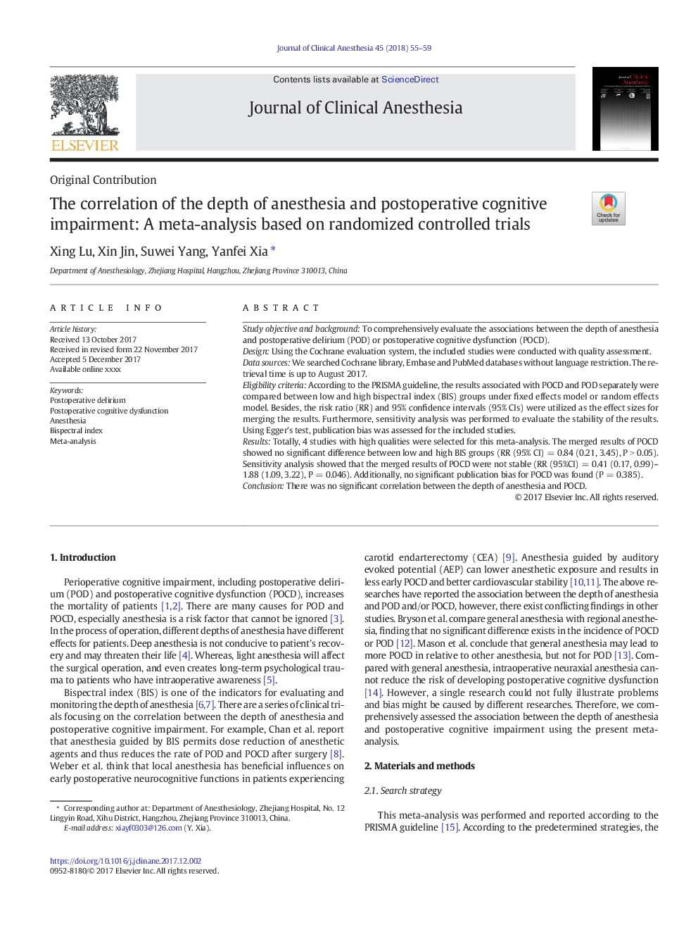 The correlation of the depth of anesthesia and postoperative cognitive impairment: A meta-analysis based on randomized controlled trials