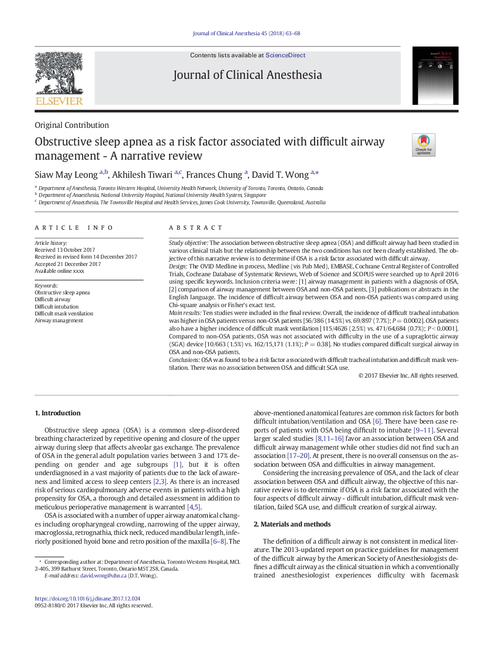 Obstructive sleep apnea as a risk factor associated with difficult airway management - A narrative review