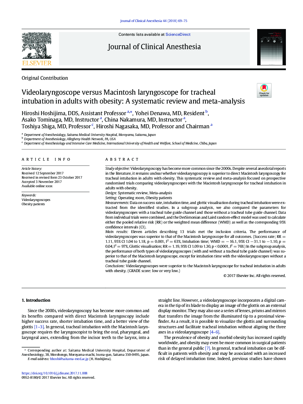 Videolaryngoscope versus Macintosh laryngoscope for tracheal intubation in adults with obesity: A systematic review and meta-analysis