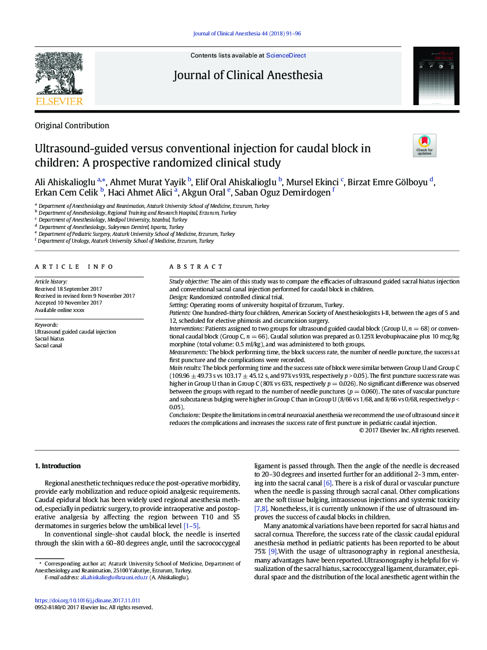 Ultrasound-guided versus conventional injection for caudal block in children: A prospective randomized clinical study