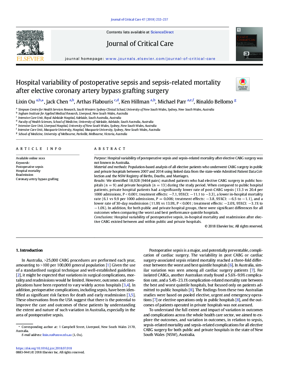 Hospital variability of postoperative sepsis and sepsis-related mortality after elective coronary artery bypass grafting surgery