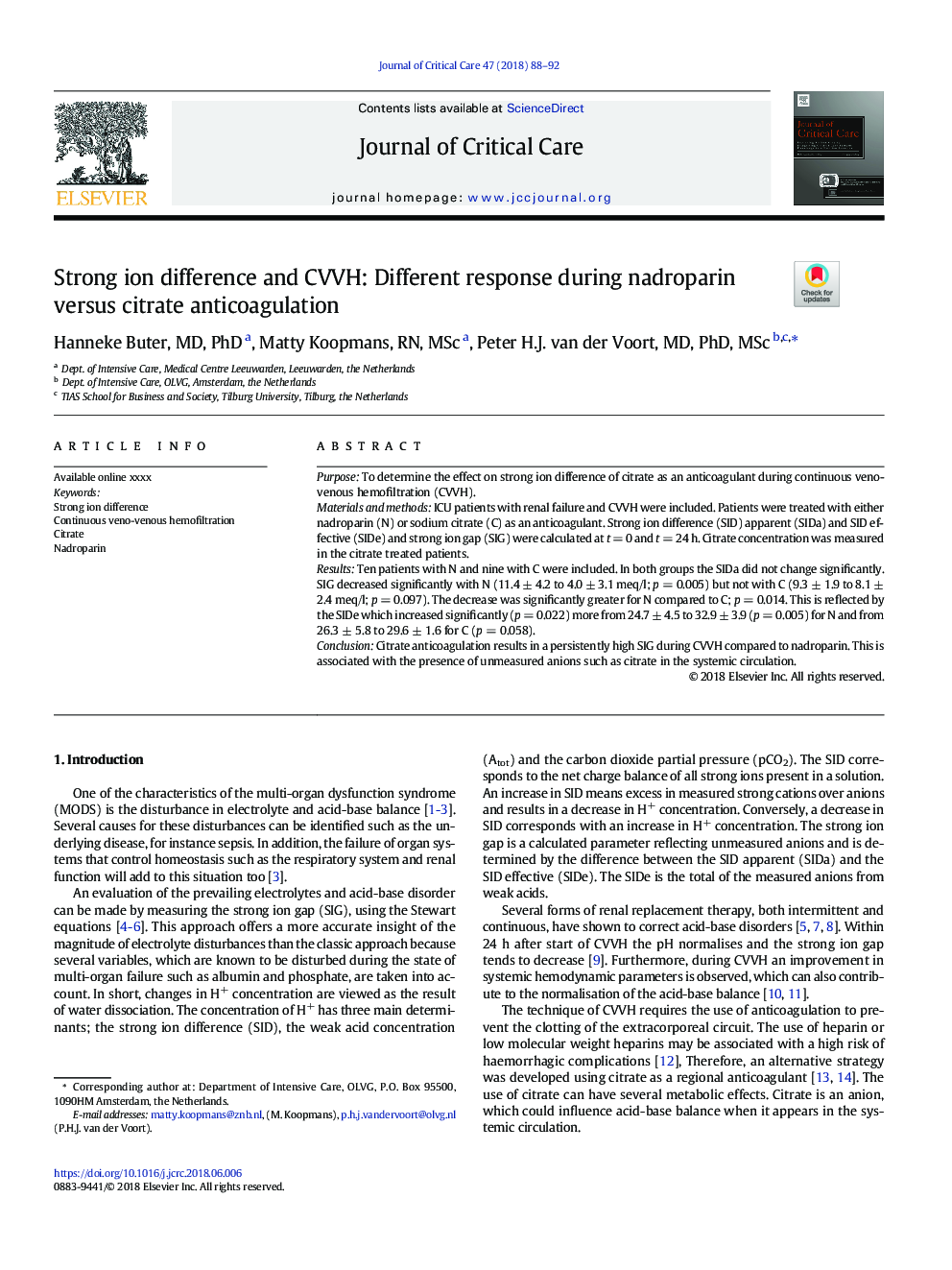 Strong ion difference and CVVH: Different response during nadroparin versus citrate anticoagulation