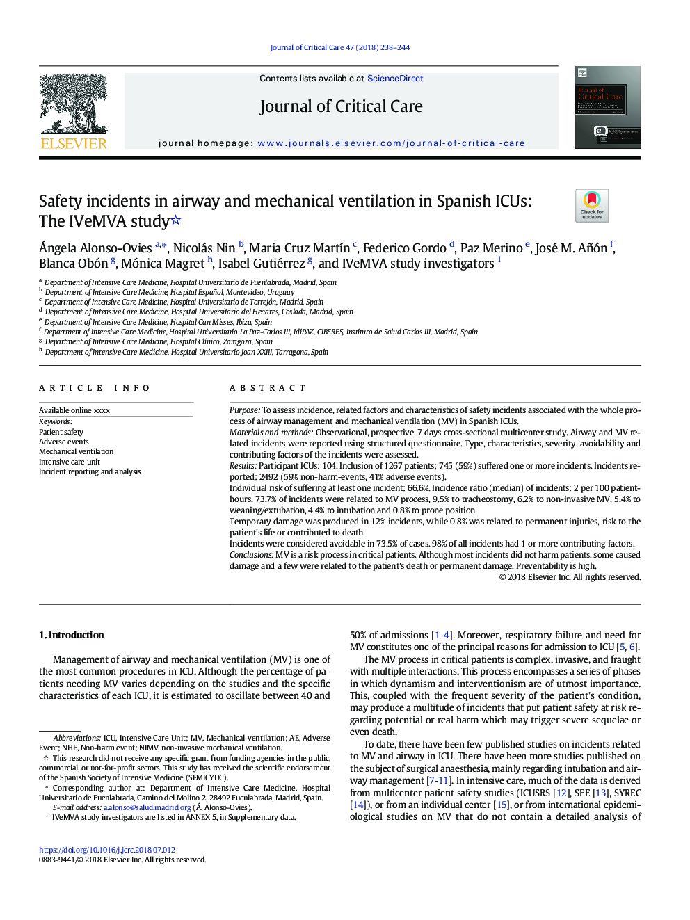 Safety incidents in airway and mechanical ventilation in Spanish ICUs: The IVeMVA study