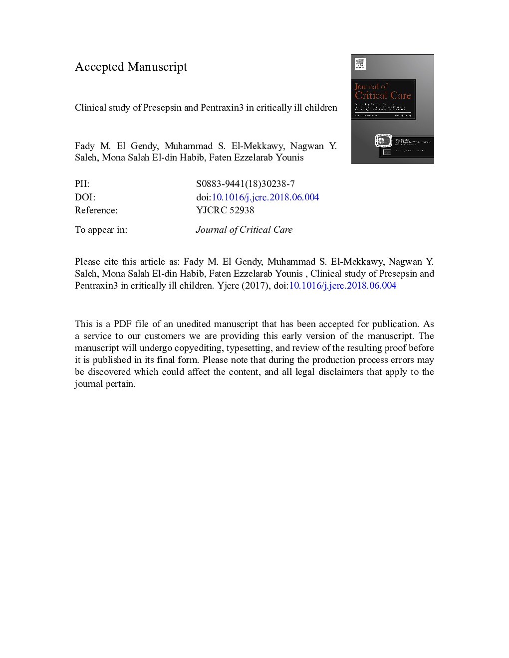 Clinical study of Presepsin and Pentraxin3 in critically ill children