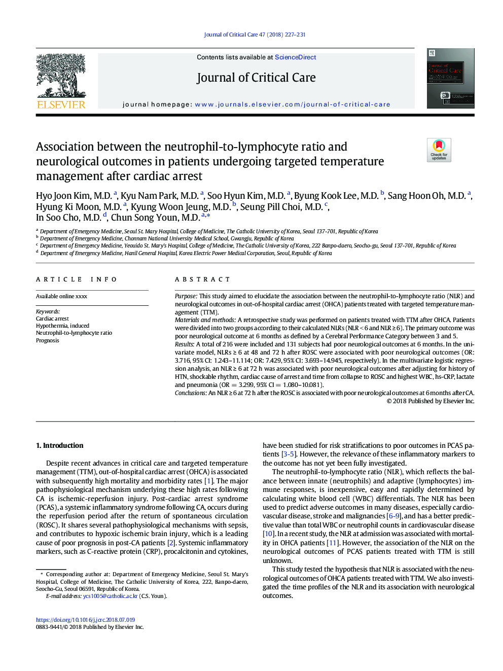 Association between the neutrophil-to-lymphocyte ratio and neurological outcomes in patients undergoing targeted temperature management after cardiac arrest