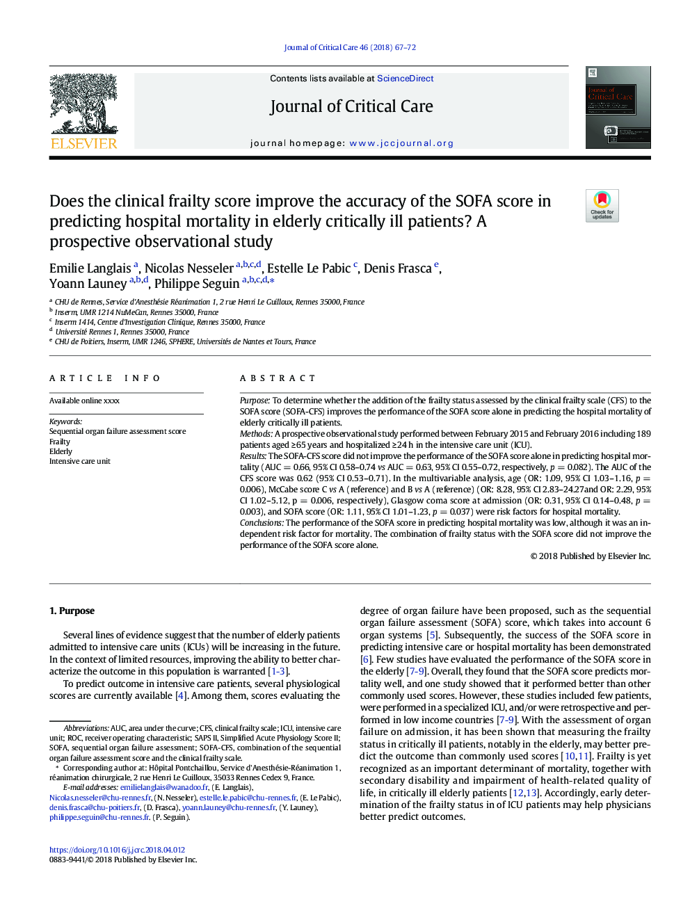 Does the clinical frailty score improve the accuracy of the SOFA score in predicting hospital mortality in elderly critically ill patients? A prospective observational study