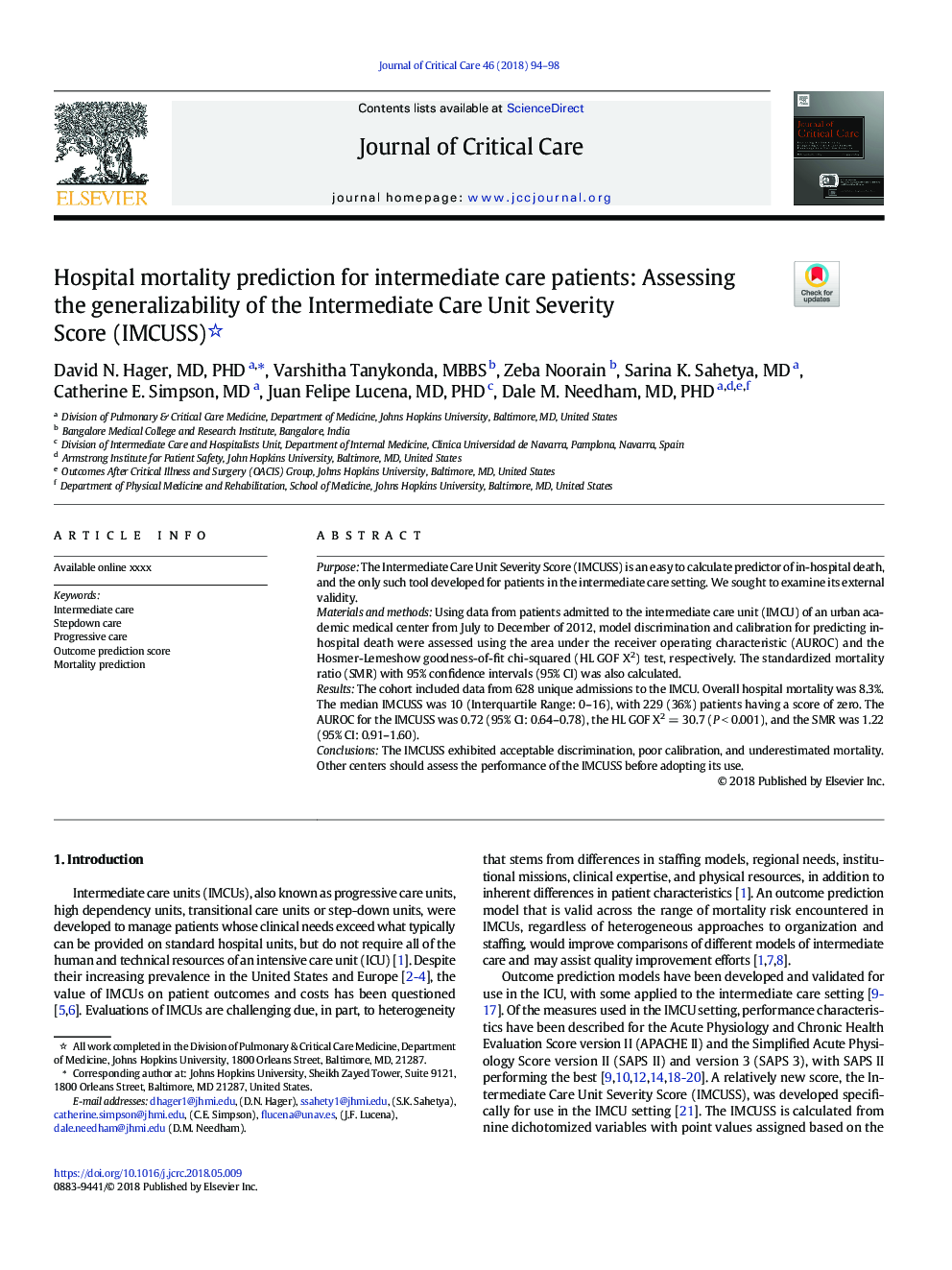 Hospital mortality prediction for intermediate care patients: Assessing the generalizability of the Intermediate Care Unit Severity Score (IMCUSS)