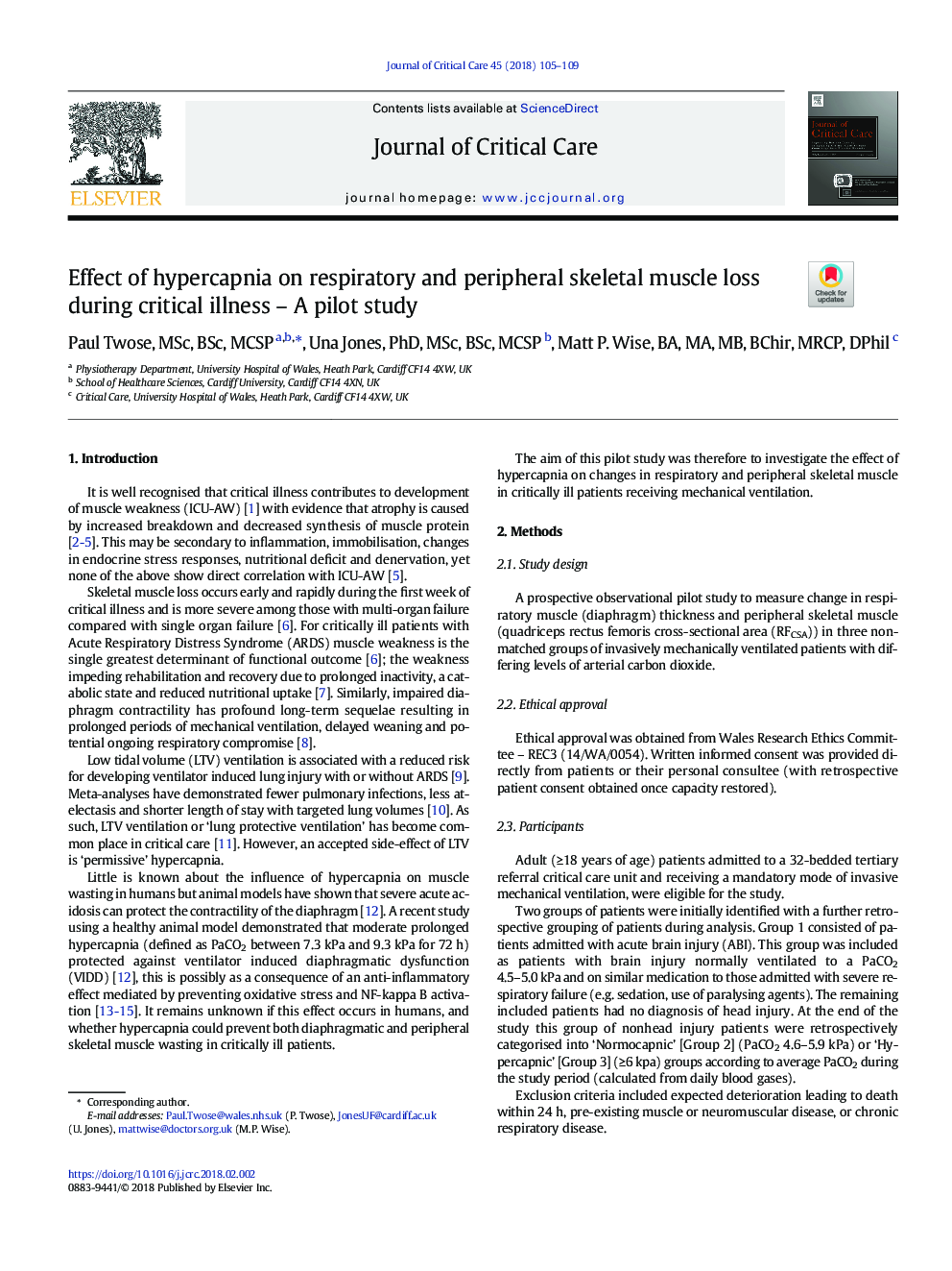 Effect of hypercapnia on respiratory and peripheral skeletal muscle loss during critical illness - A pilot study