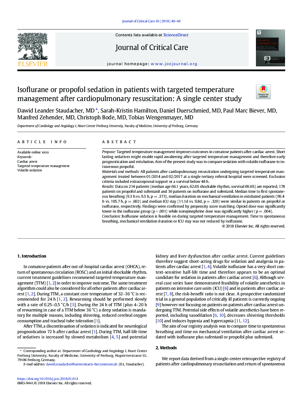 Isoflurane or propofol sedation in patients with targeted temperature management after cardiopulmonary resuscitation: A single center study