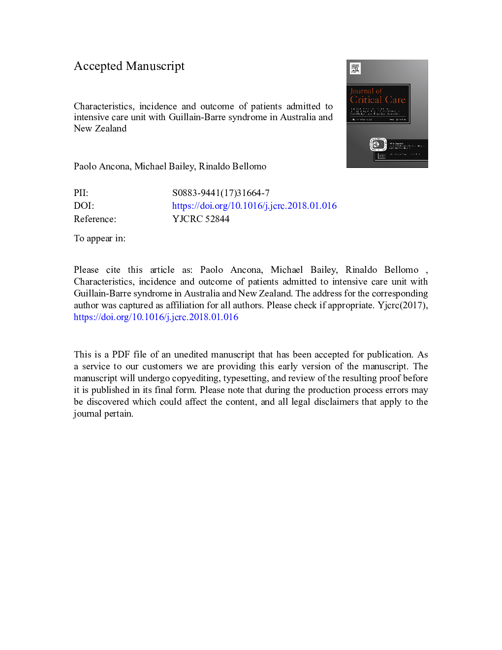 Characteristics, incidence and outcome of patients admitted to intensive care unit with Guillain-Barre syndrome in Australia and New Zealand