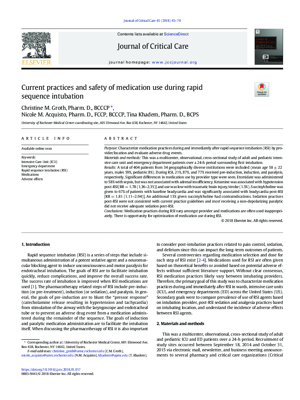 Current practices and safety of medication use during rapid sequence intubation