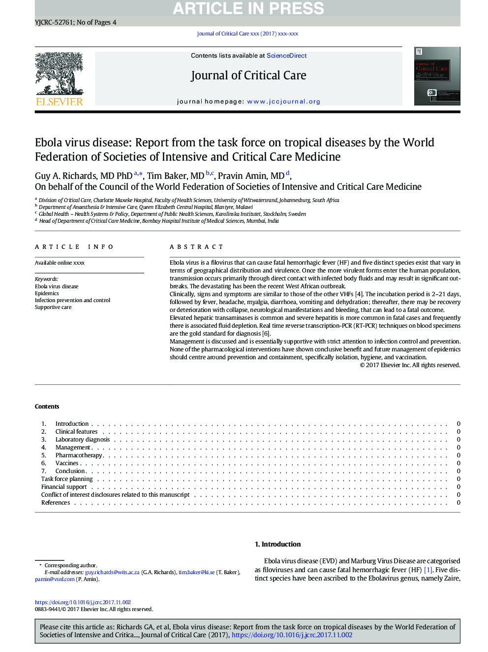 Ebola virus disease: Report from the task force on tropical diseases by the World Federation of Societies of Intensive and Critical Care Medicine