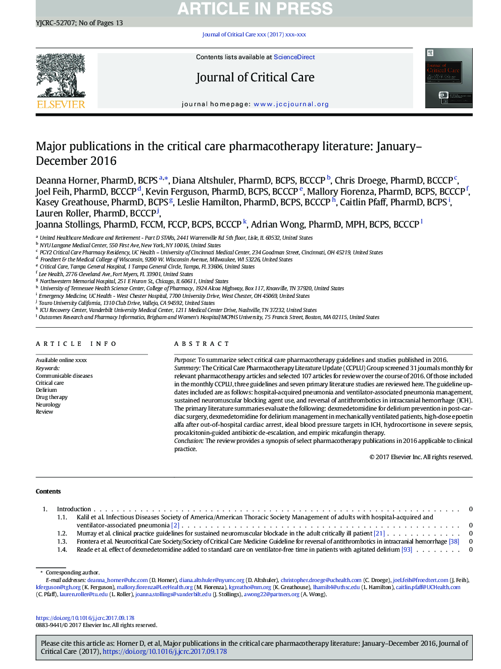 Major publications in the critical care pharmacotherapy literature: January-December 2016