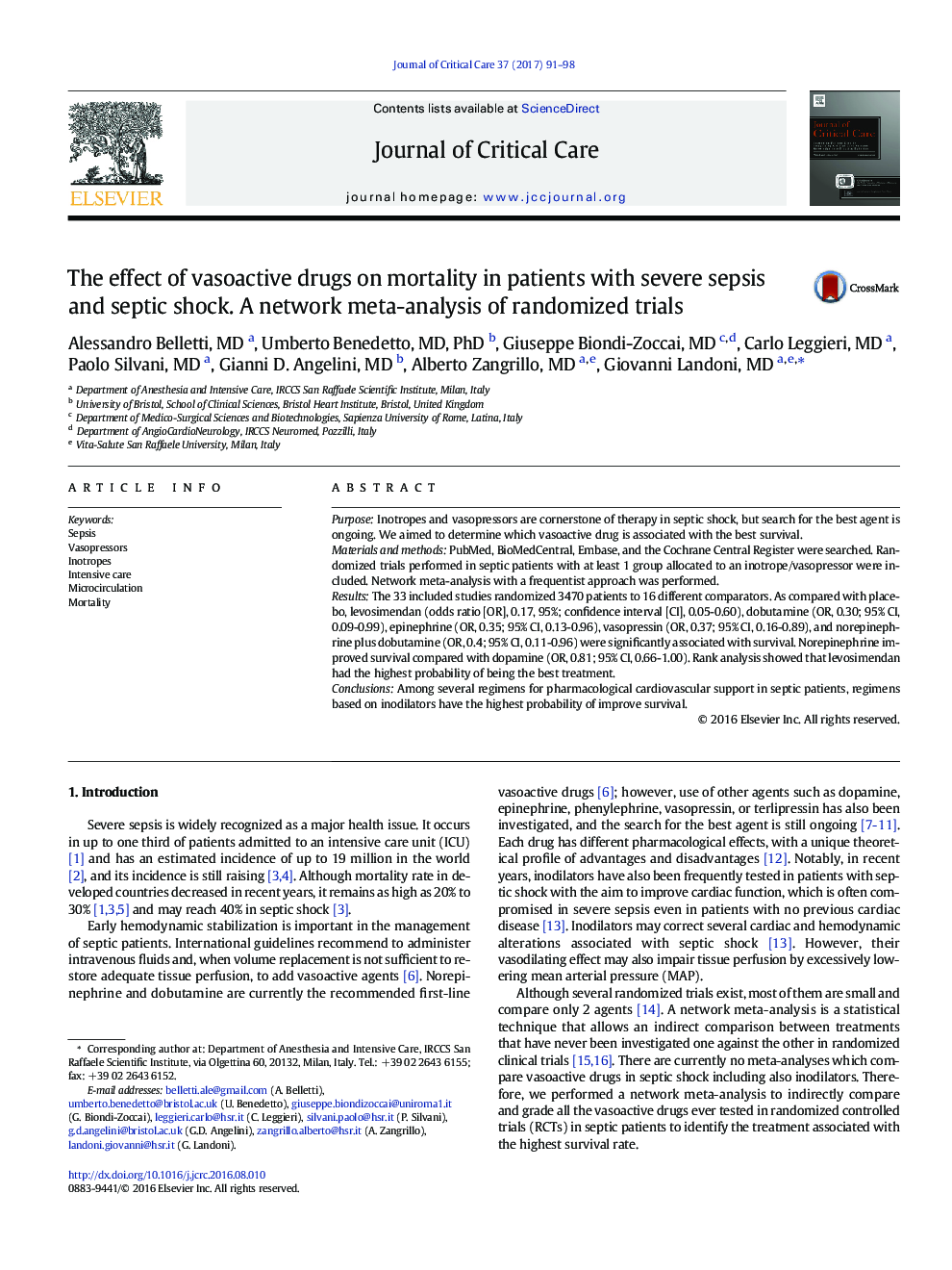 The effect of vasoactive drugs on mortality in patients with severe sepsis and septic shock. A network meta-analysis of randomized trials