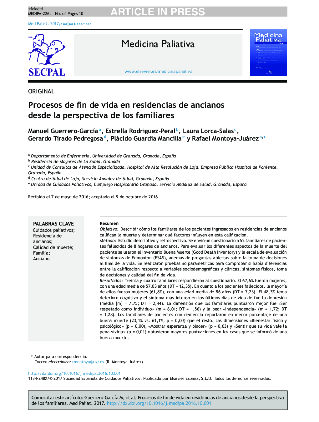 Procesos de fin de vida en residencias de ancianos desde la perspectiva de los familiares