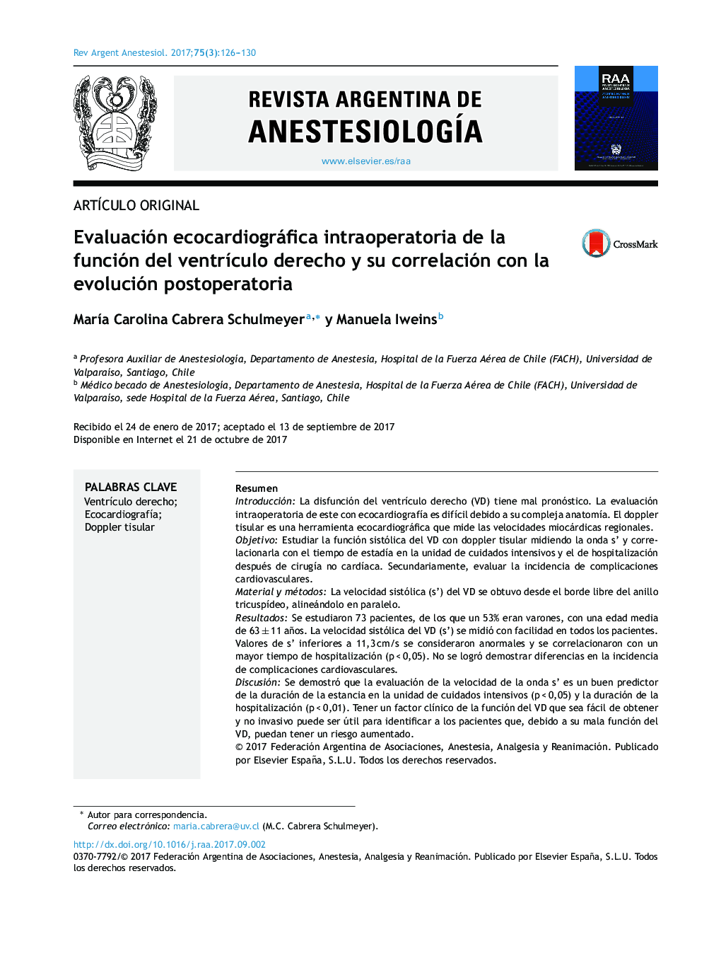 Evaluación ecocardiográfica intraoperatoria de la función del ventrÃ­culo derecho y su correlación con la evolución postoperatoria