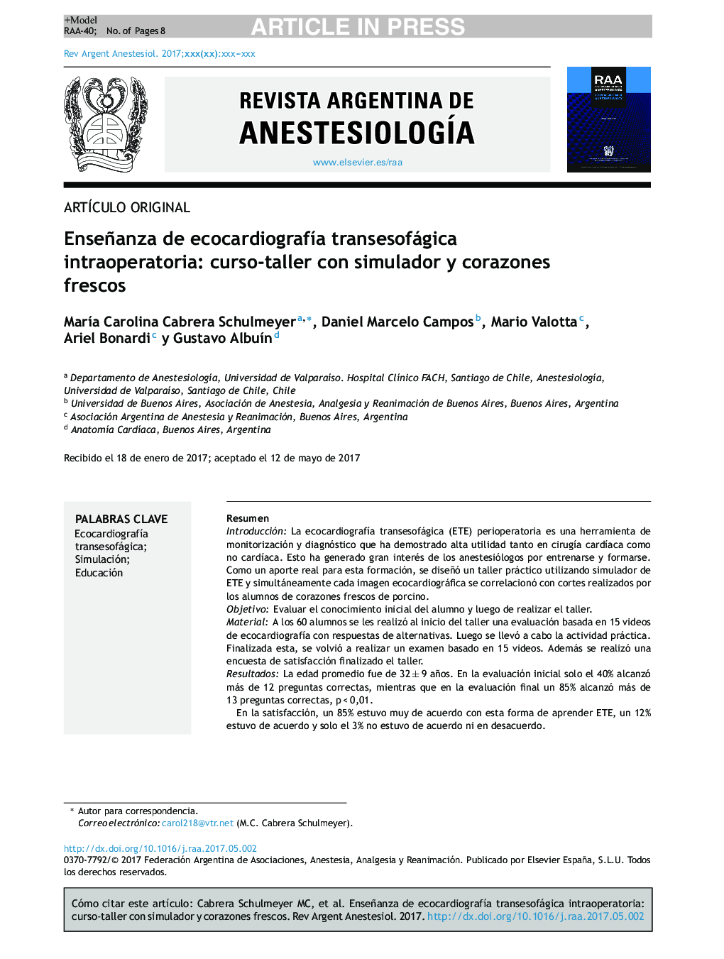 Enseñanza de ecocardiografÃ­a transesofágica intraoperatoria: curso-taller con simulador y corazones frescos