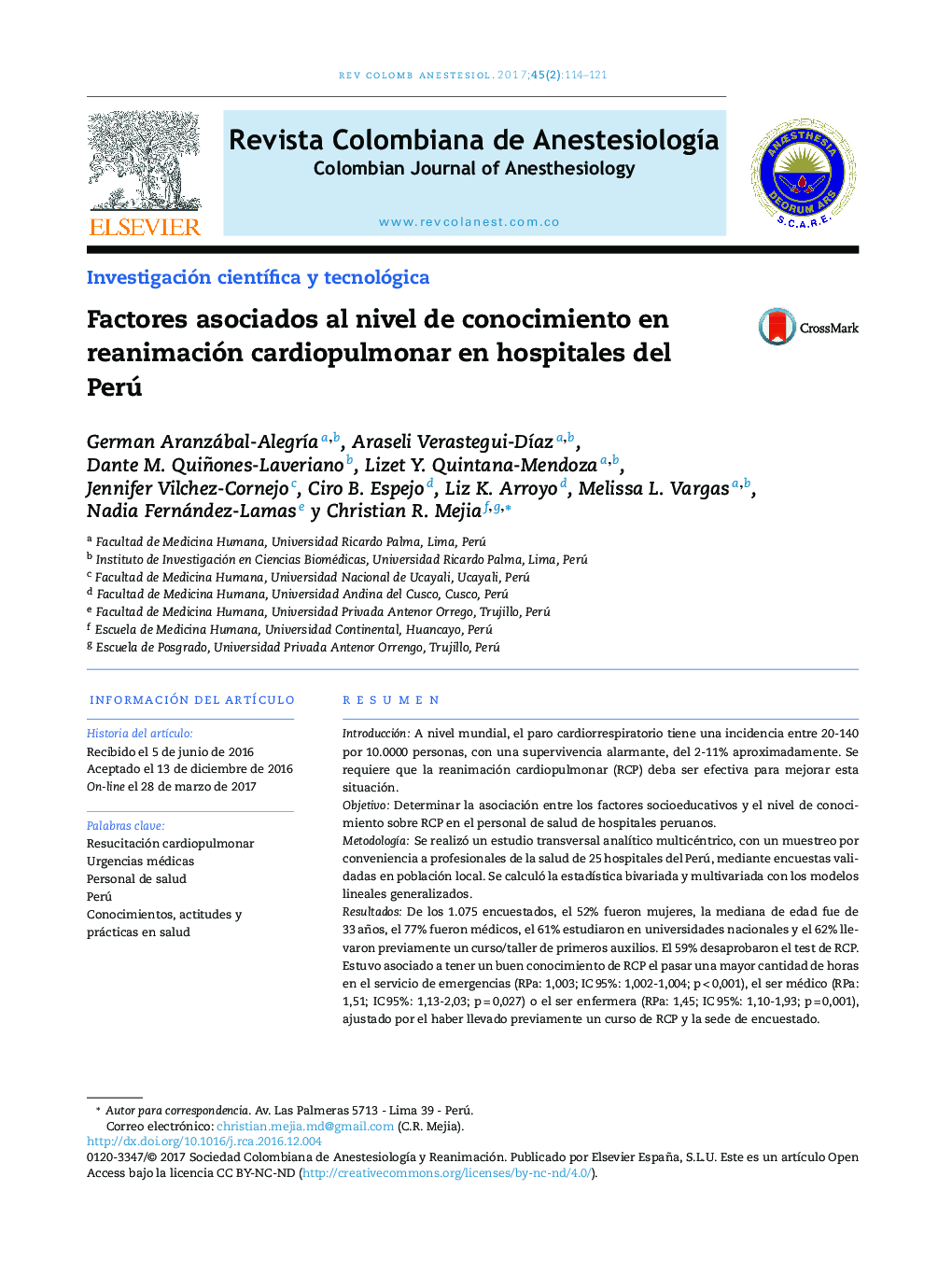 Factores asociados al nivel de conocimiento en reanimación cardiopulmonar en hospitales del Perú