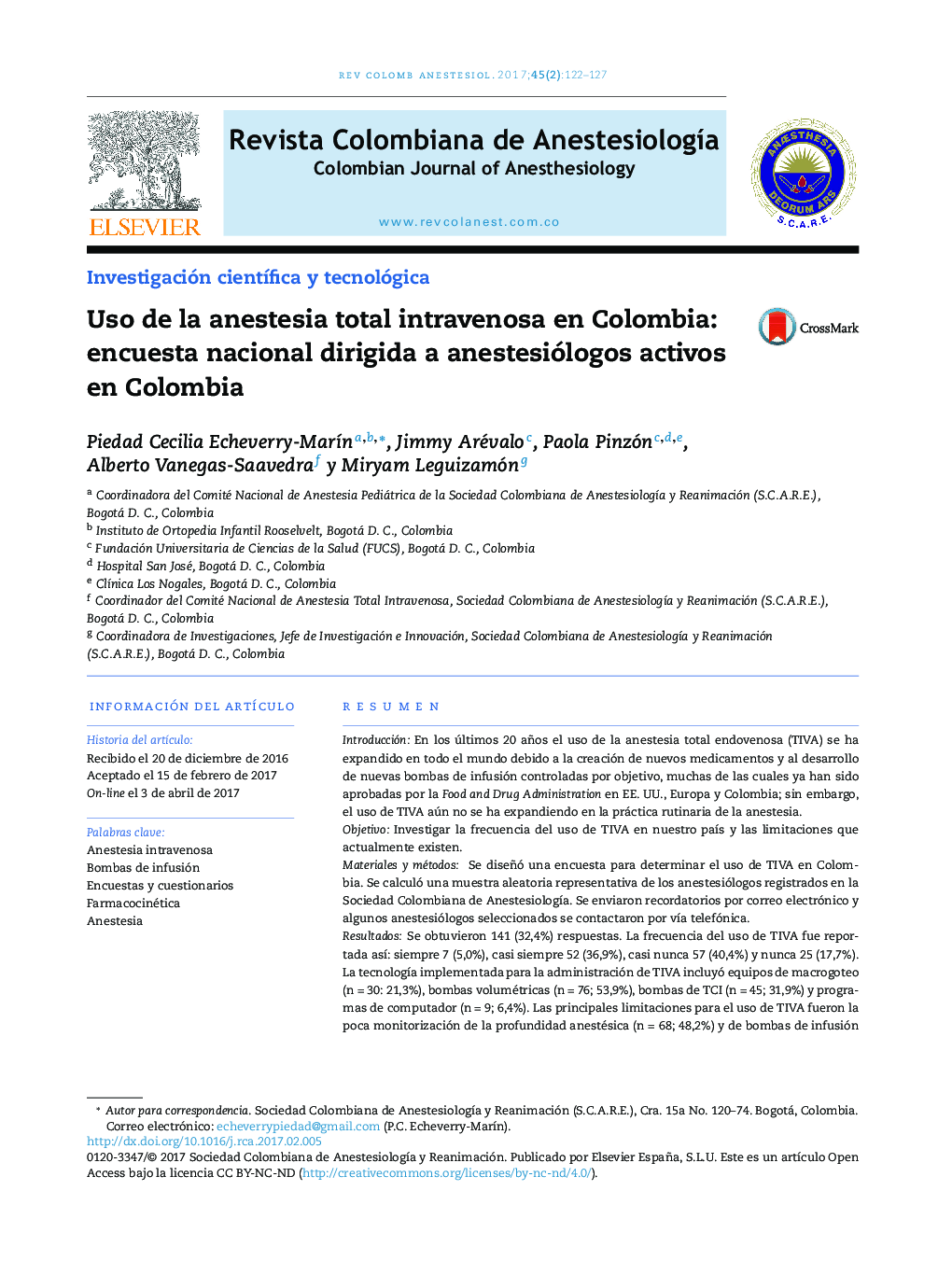 Uso de la anestesia total intravenosa en Colombia: encuesta nacional dirigida a anestesiólogos activos en Colombia