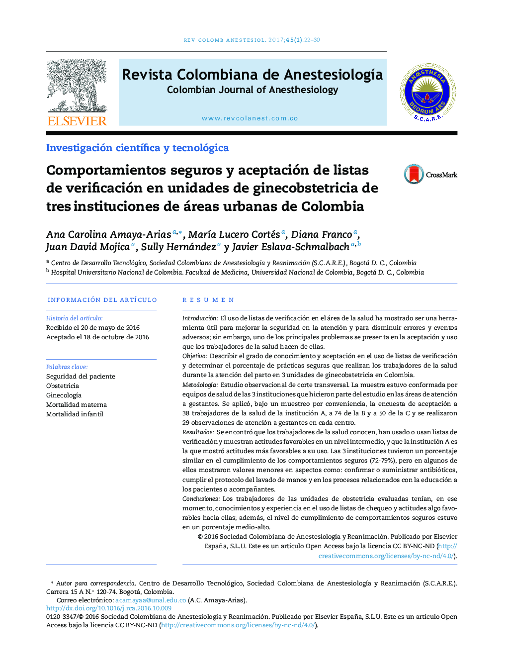 Comportamientos seguros y aceptación de listas de verificación en unidades de ginecobstetricia de tresÂ instituciones de áreas urbanas de Colombia
