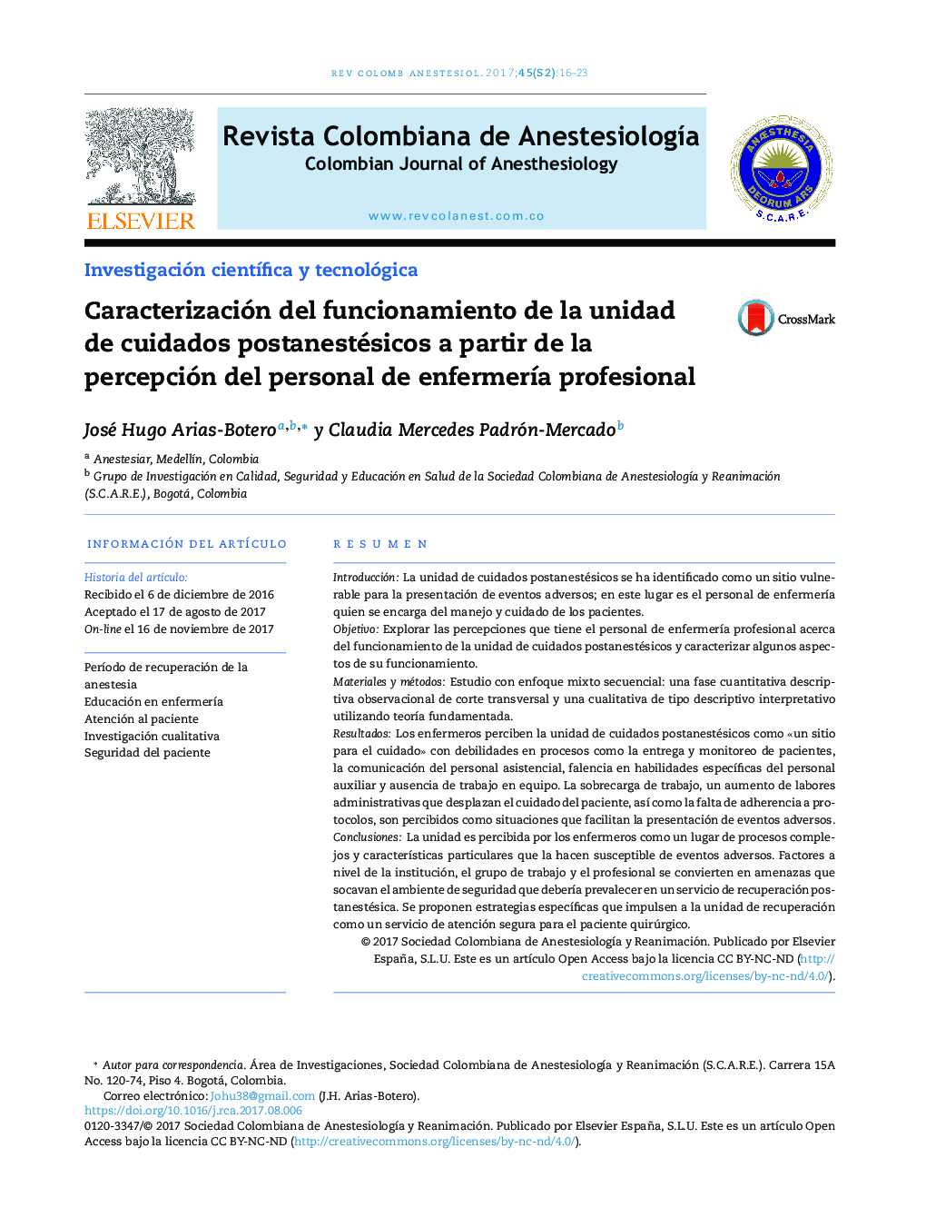 Caracterización del funcionamiento de la unidad de cuidados postanestésicos a partir de la percepción del personal de enfermerÃ­a profesional