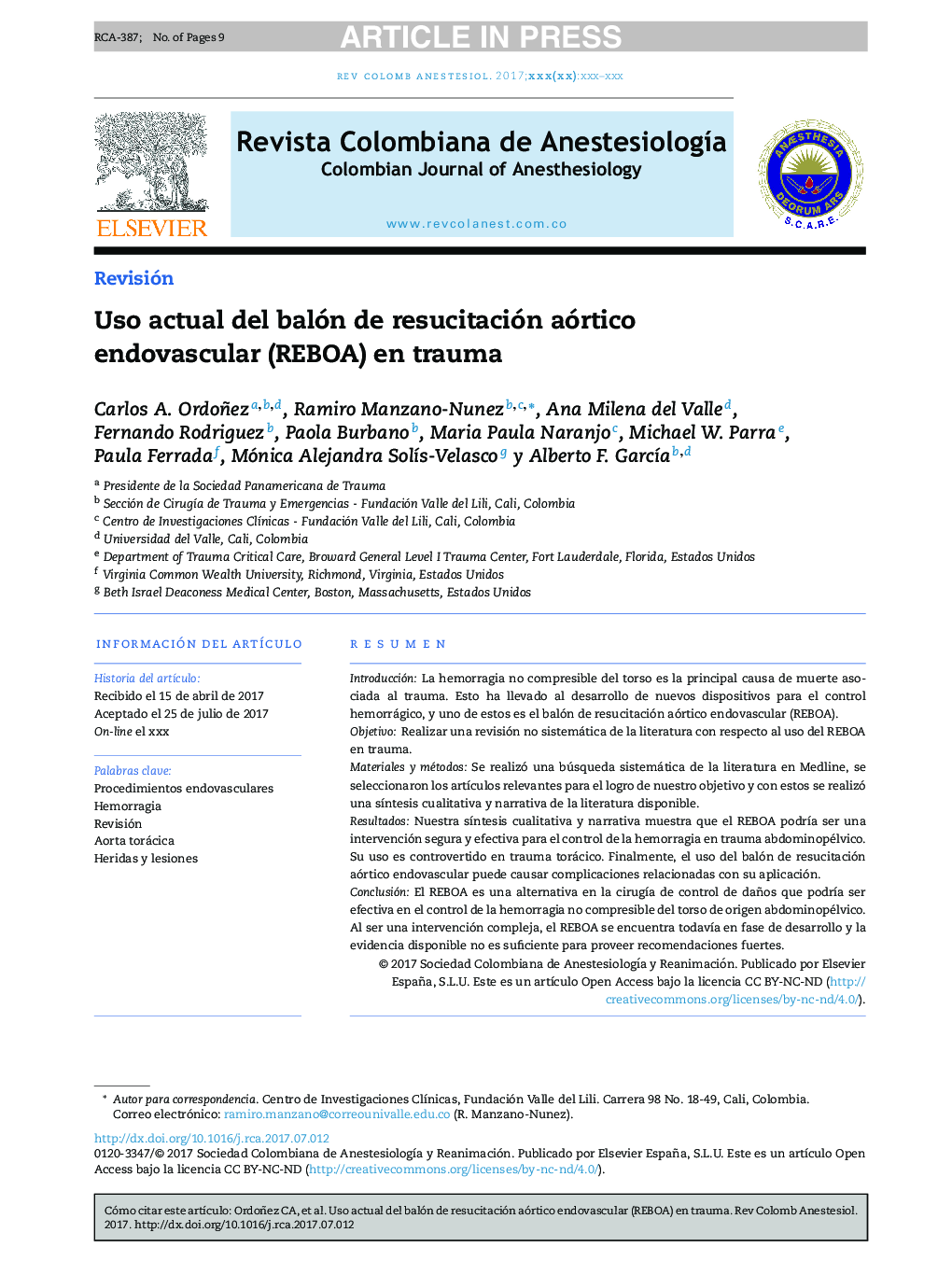 Uso actual del balón de resucitación aórtico endovascular (REBOA) en trauma