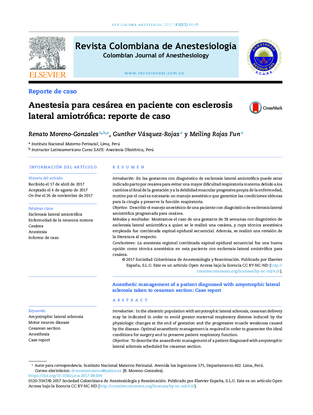 Anestesia para cesárea en paciente con esclerosis lateral amiotrófica: reporte de caso