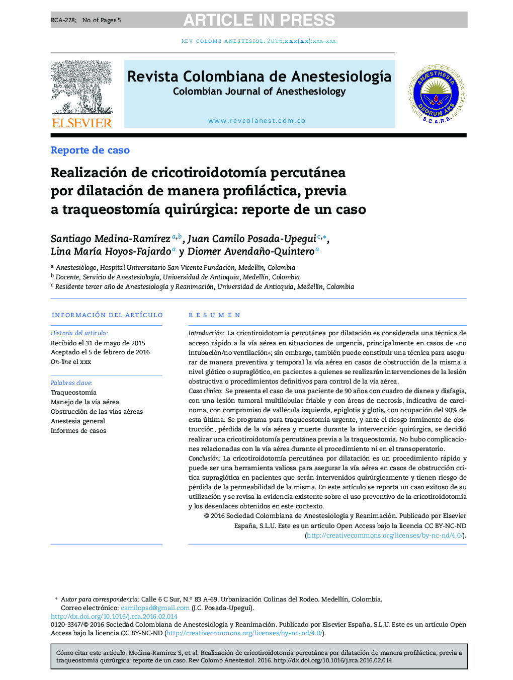 Realización de cricotiroidotomÃ­a percutánea por dilatación de manera profiláctica, previa a traqueostomÃ­a quirúrgica: reporte de un caso