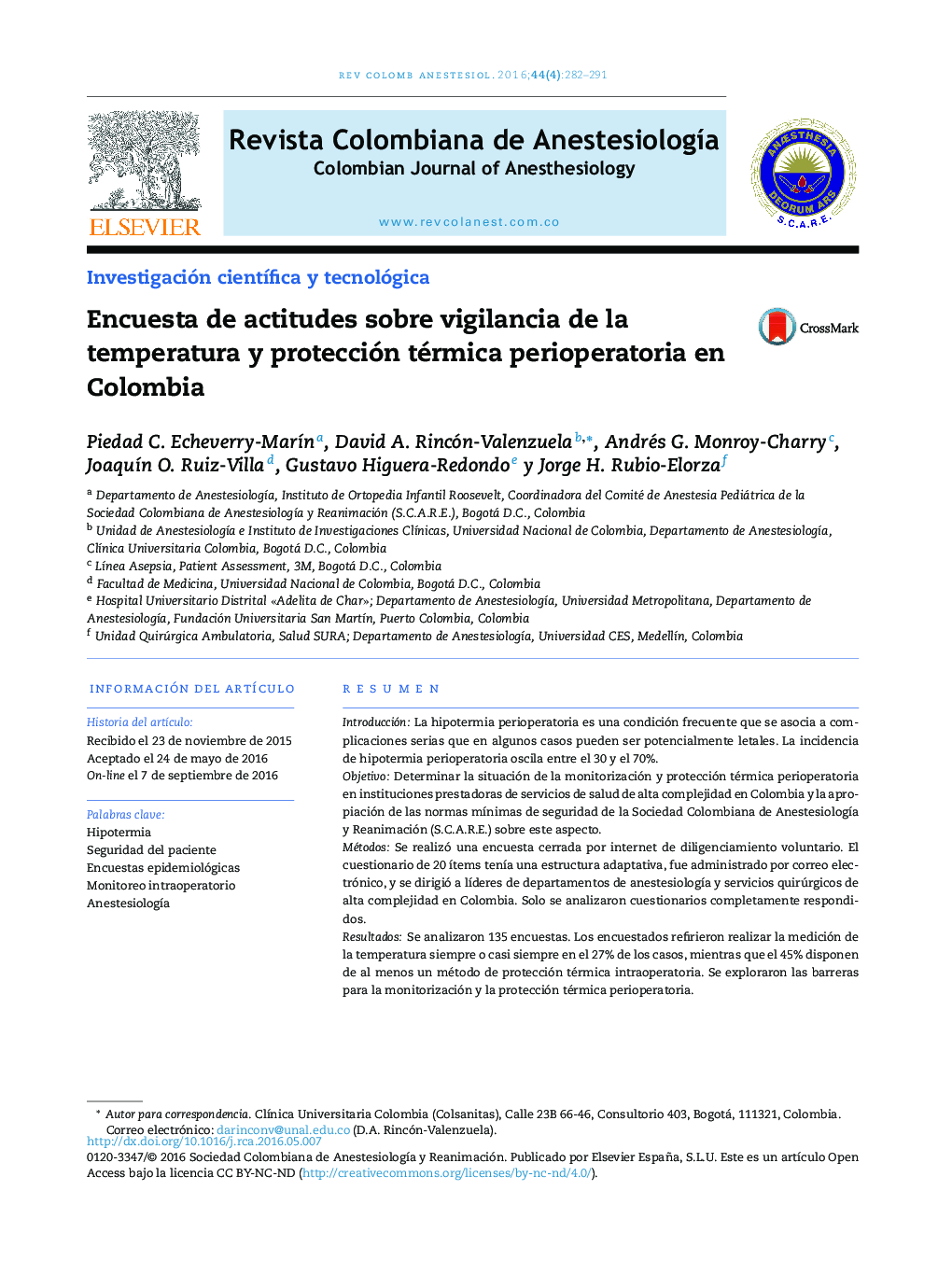 Encuesta de actitudes sobre vigilancia de la temperatura y protección térmica perioperatoria en Colombia