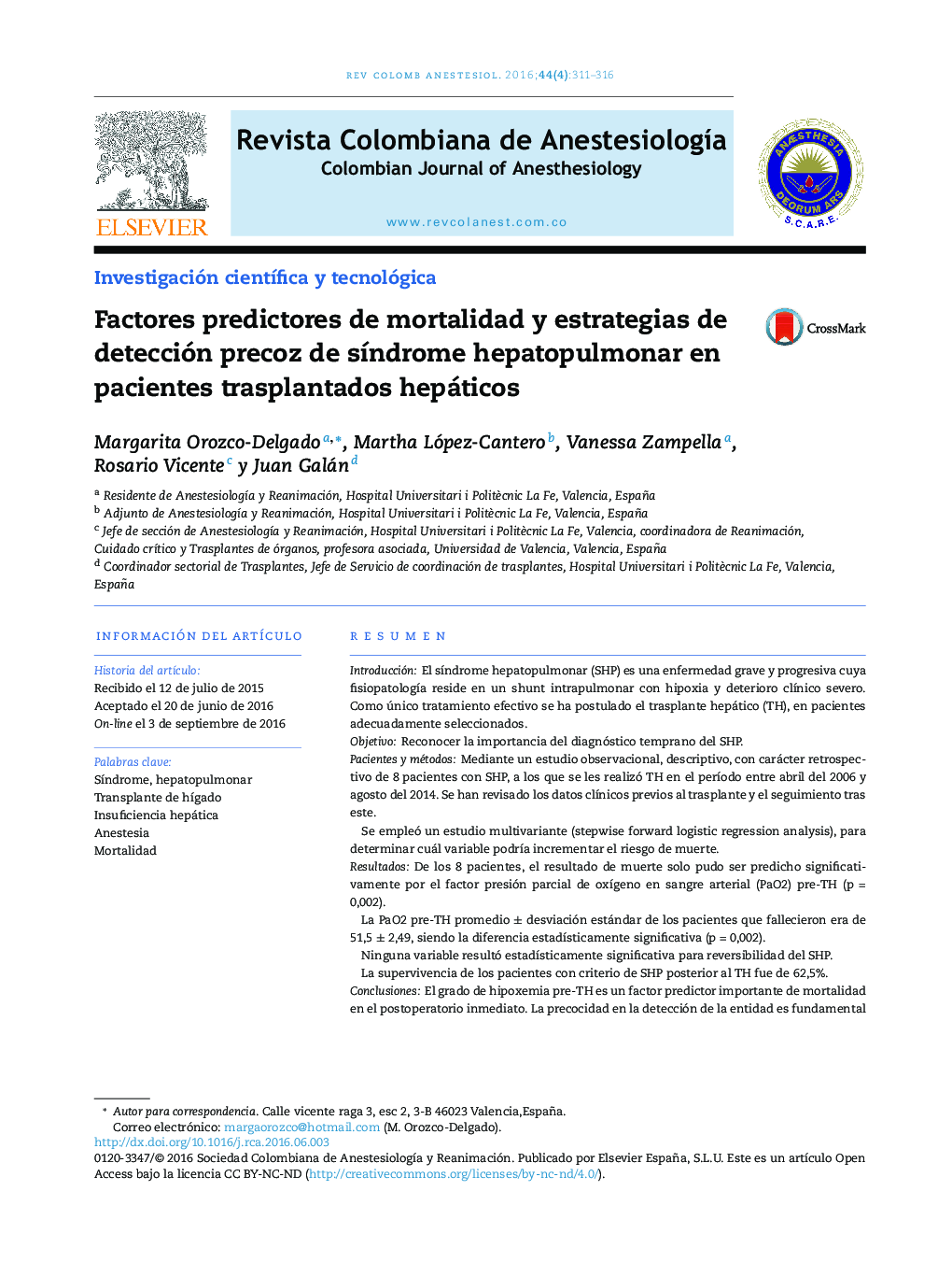 Factores predictores de mortalidad y estrategias de detección precoz de sÃ­ndrome hepatopulmonar en pacientes trasplantados hepáticos