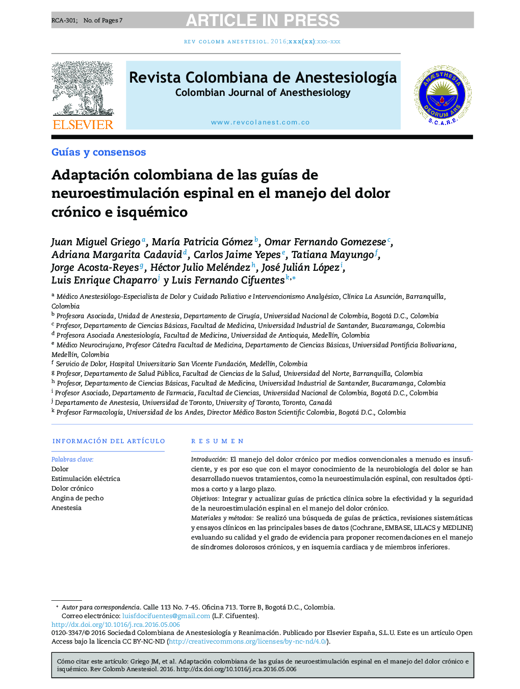 Adaptación colombiana de las guÃ­as de neuroestimulación espinal en el manejo del dolor crónico e isquémico