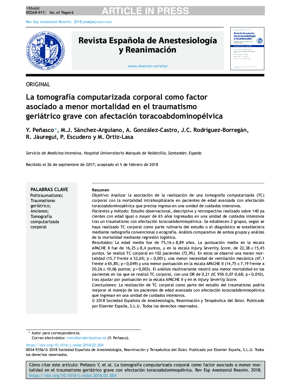 La tomografÃ­a computarizada corporal como factor asociado a menor mortalidad en el traumatismo geriátrico grave con afectación toracoabdominopélvica