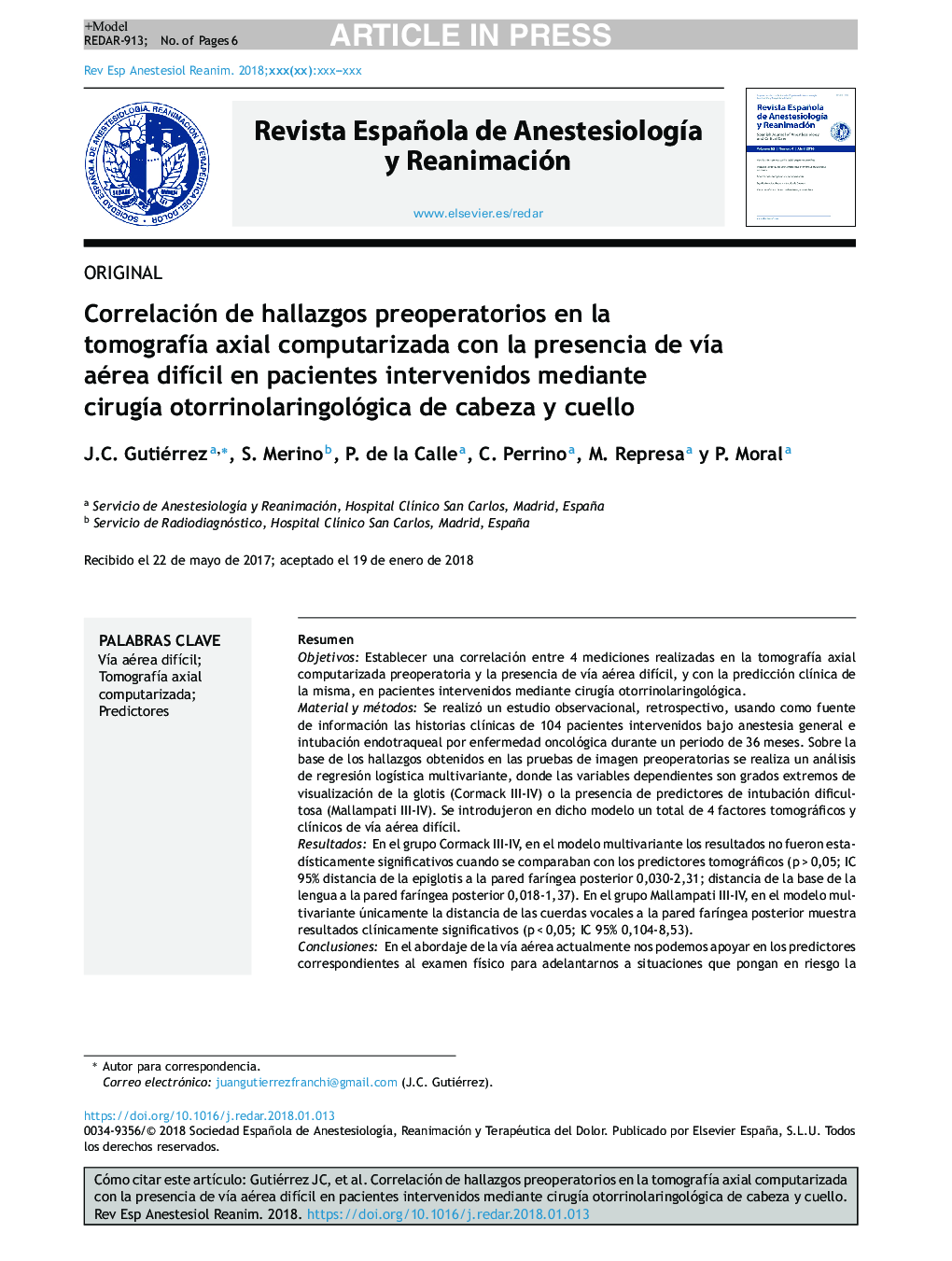 Correlación de hallazgos preoperatorios en la tomografÃ­a axial computarizada con la presencia de vÃ­a aérea difÃ­cil en pacientes intervenidos mediante cirugÃ­a otorrinolaringológica de cabeza y cuello