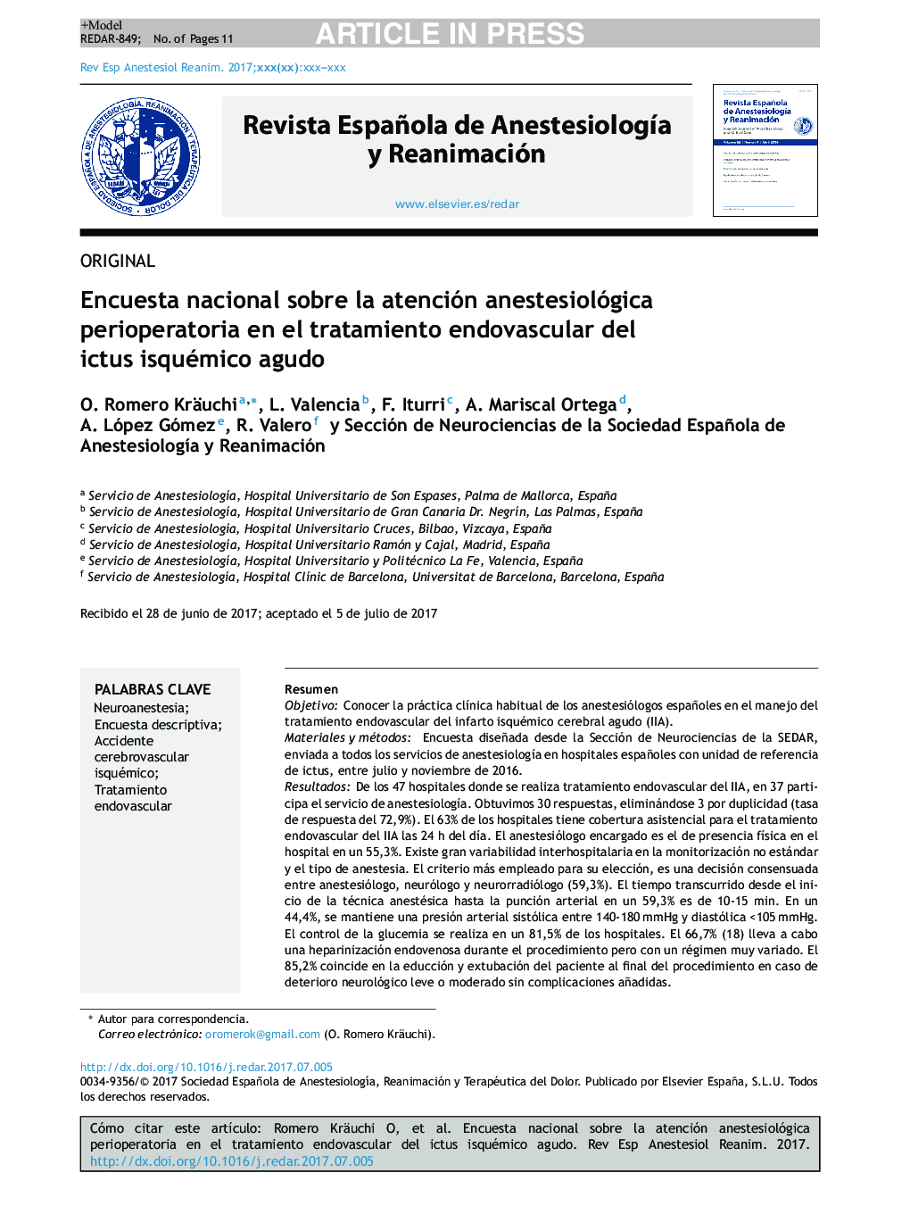 Encuesta nacional sobre la atención anestesiológica perioperatoria en el tratamiento endovascular del ictus isquémico agudo