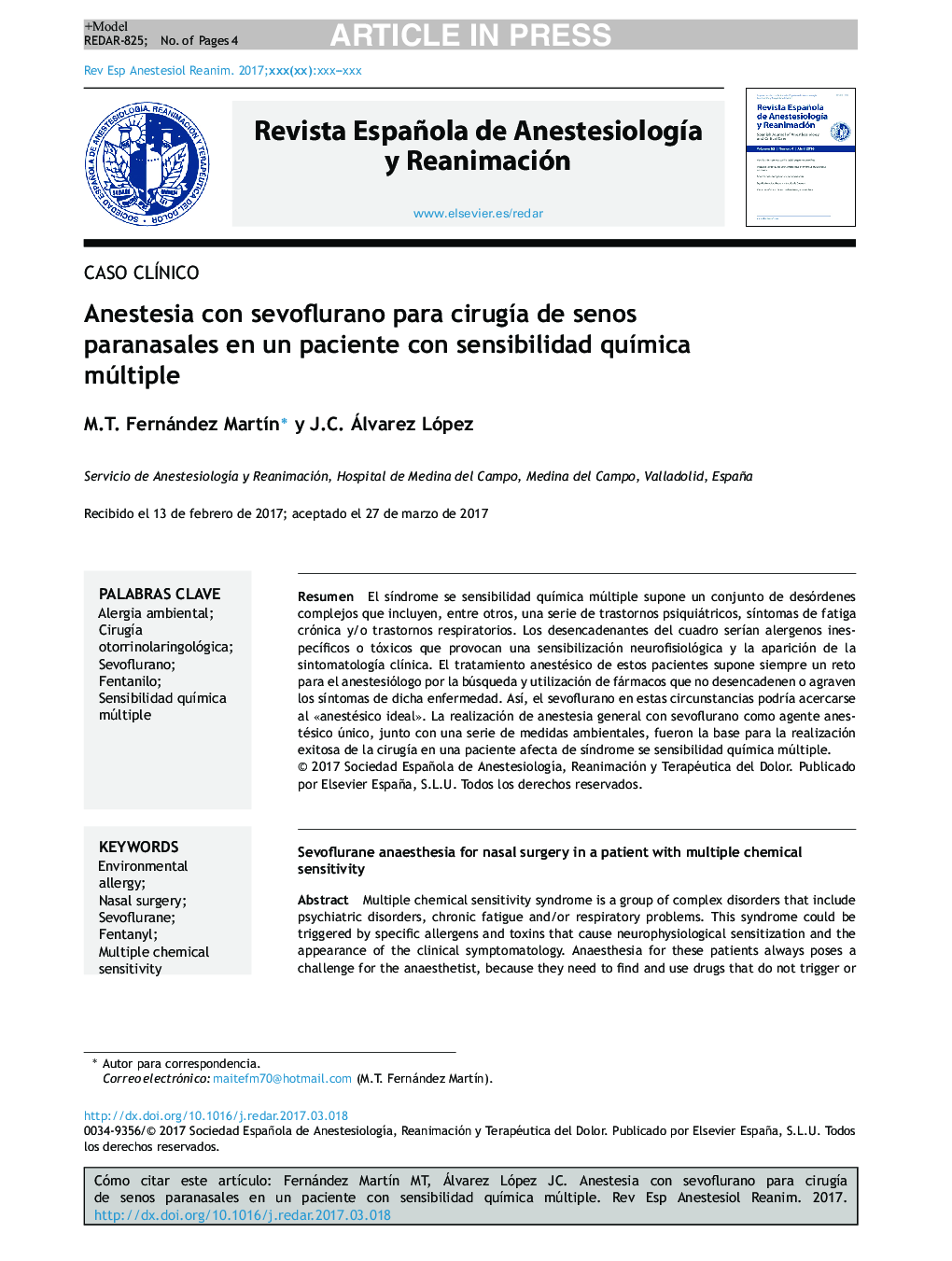 Anestesia con sevoflurano para cirugÃ­a de senos paranasales en un paciente con sensibilidad quÃ­mica múltiple