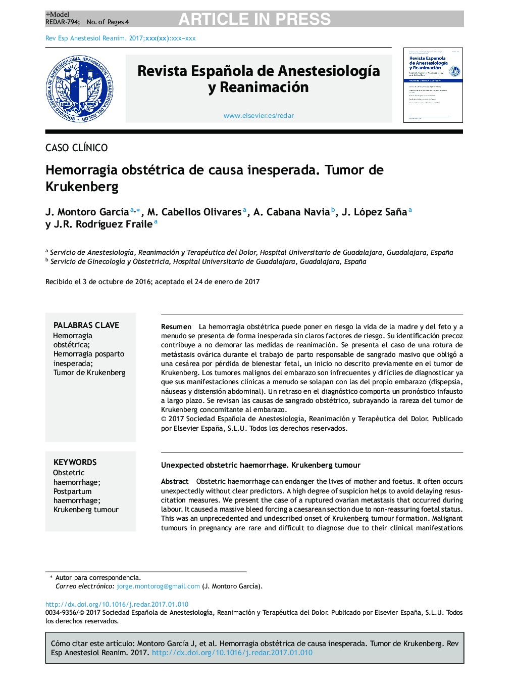 Hemorragia obstétrica de causa inesperada. Tumor de Krukenberg