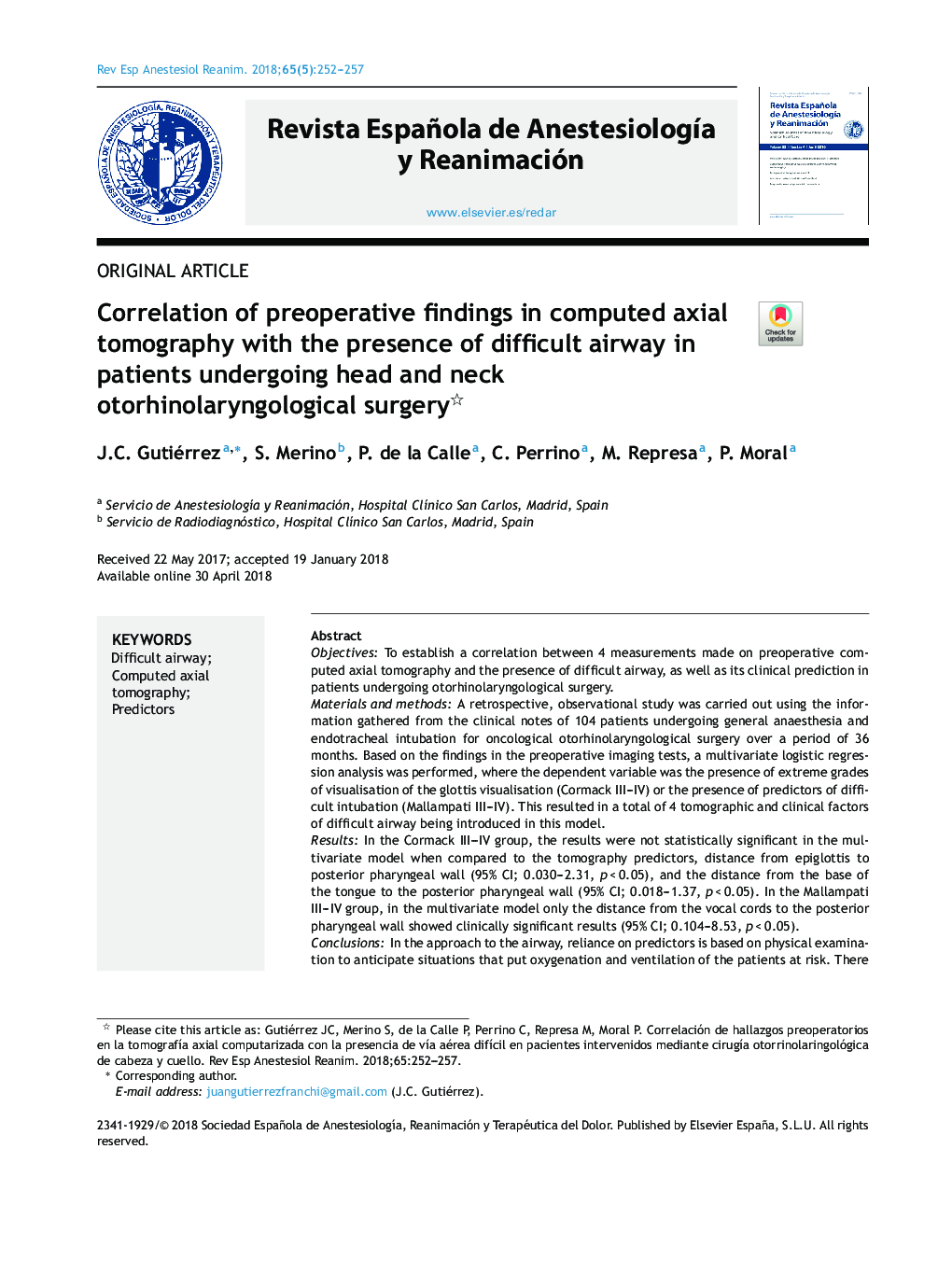 Correlation of preoperative findings in computed axial tomography with the presence of difficult airway in patients undergoing head and neck otorhinolaryngological surgery