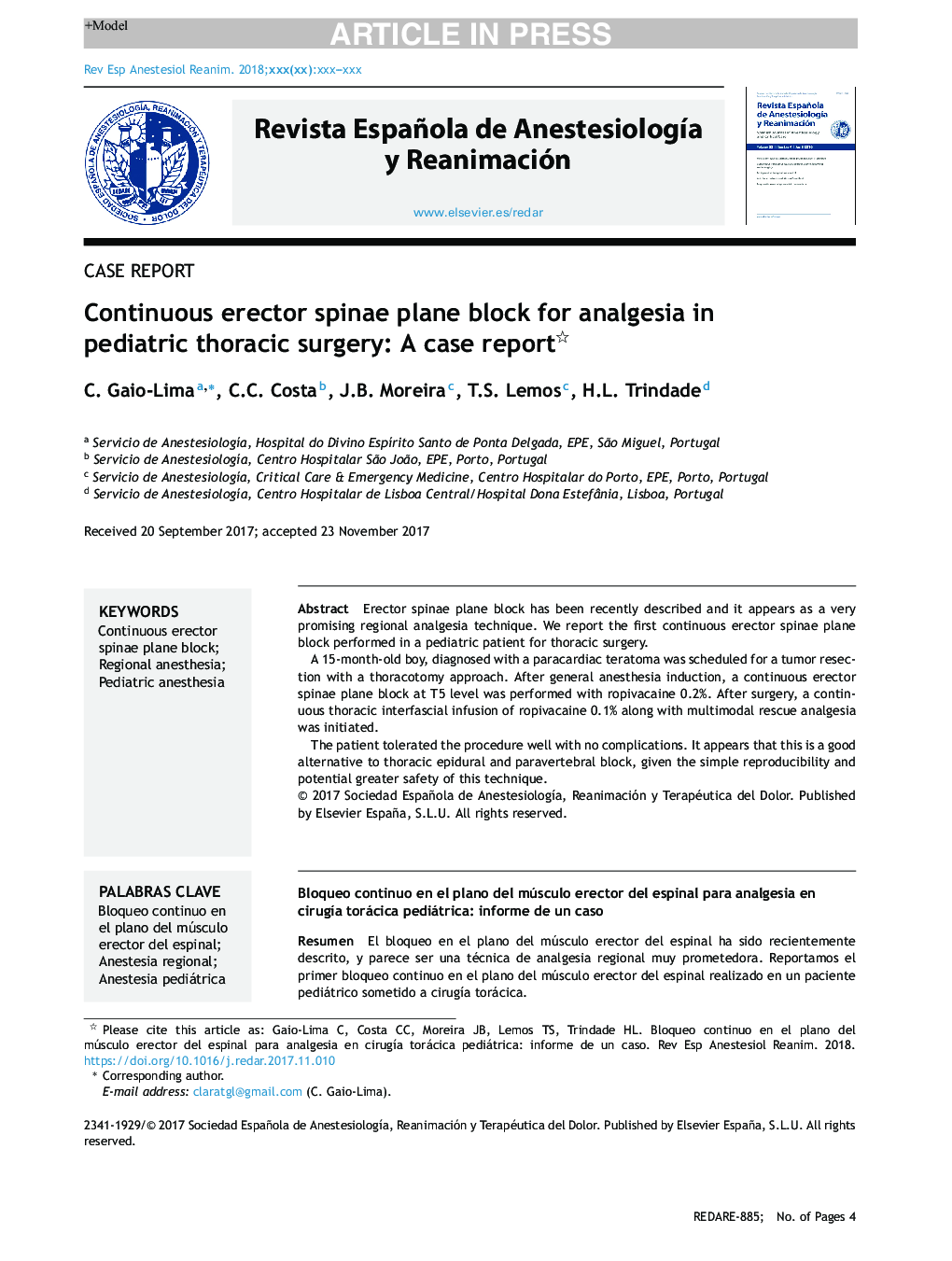 Continuous erector spinae plane block for analgesia in pediatric thoracic surgery: A case report