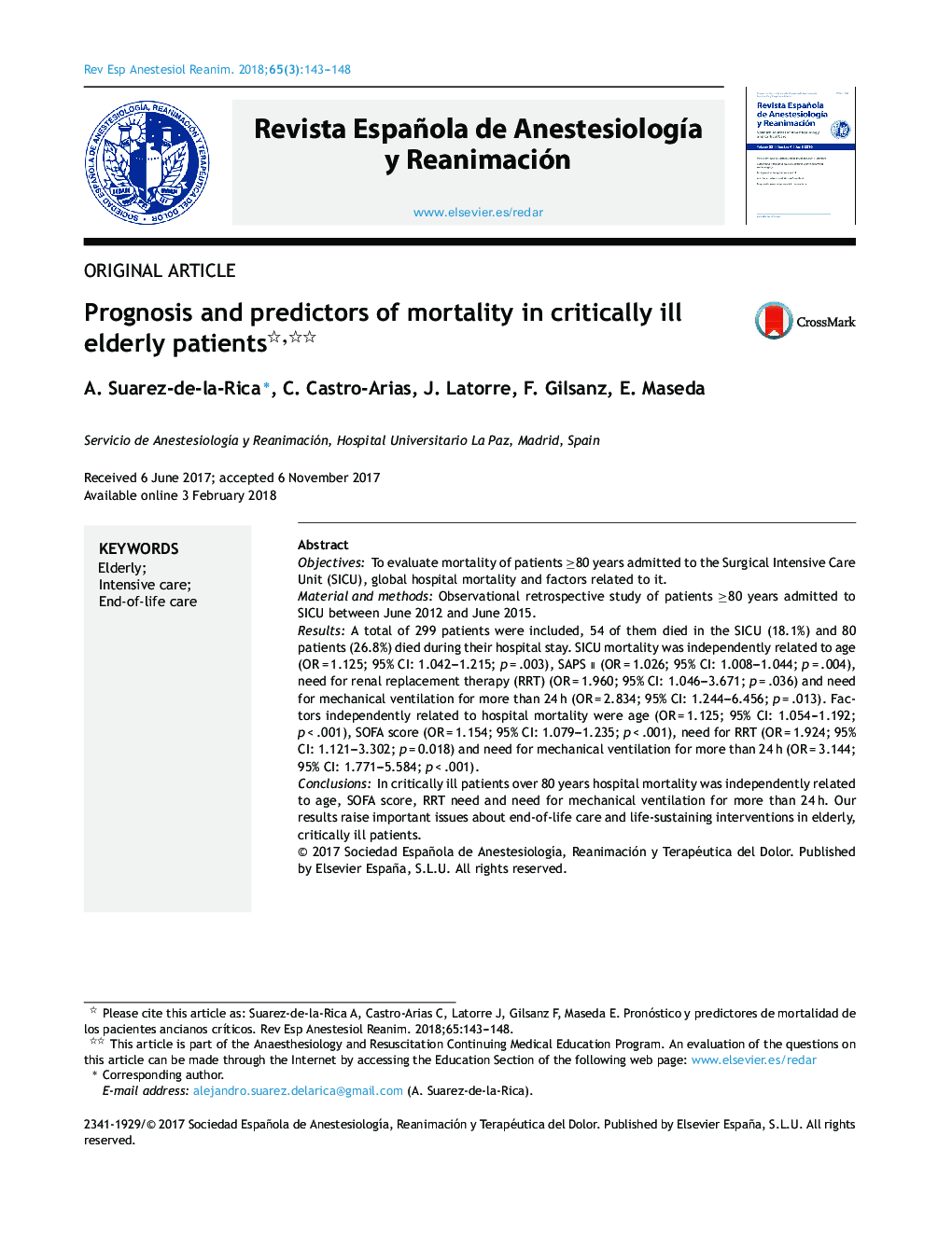 Prognosis and predictors of mortality in critically ill elderly patients