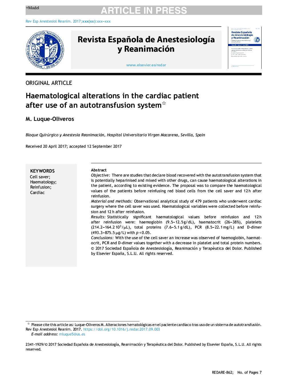 Haematological alterations in the cardiac patient after use of an autotransfusion system