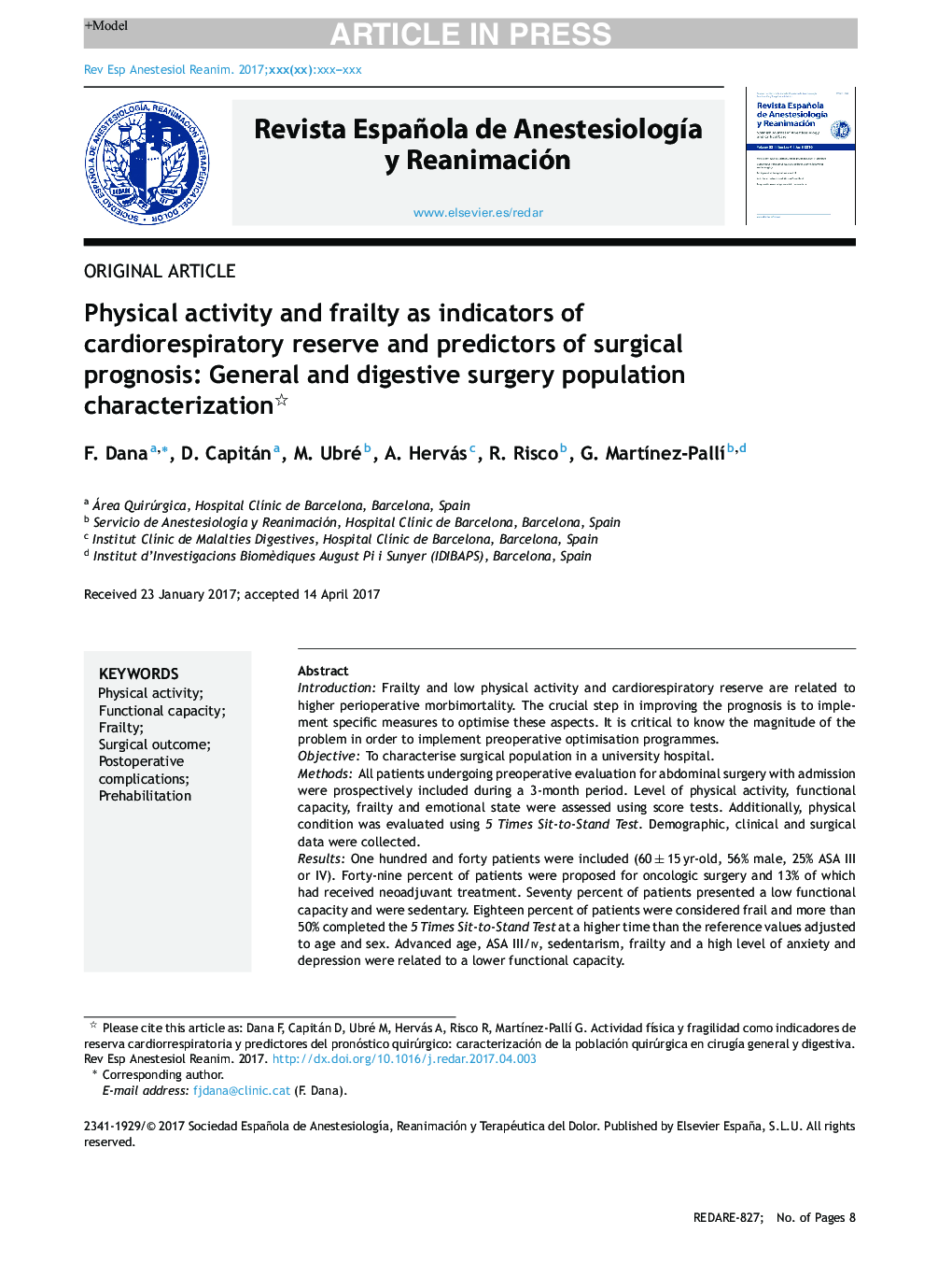 Physical activity and frailty as indicators of cardiorespiratory reserve and predictors of surgical prognosis: General and digestive surgery population characterization