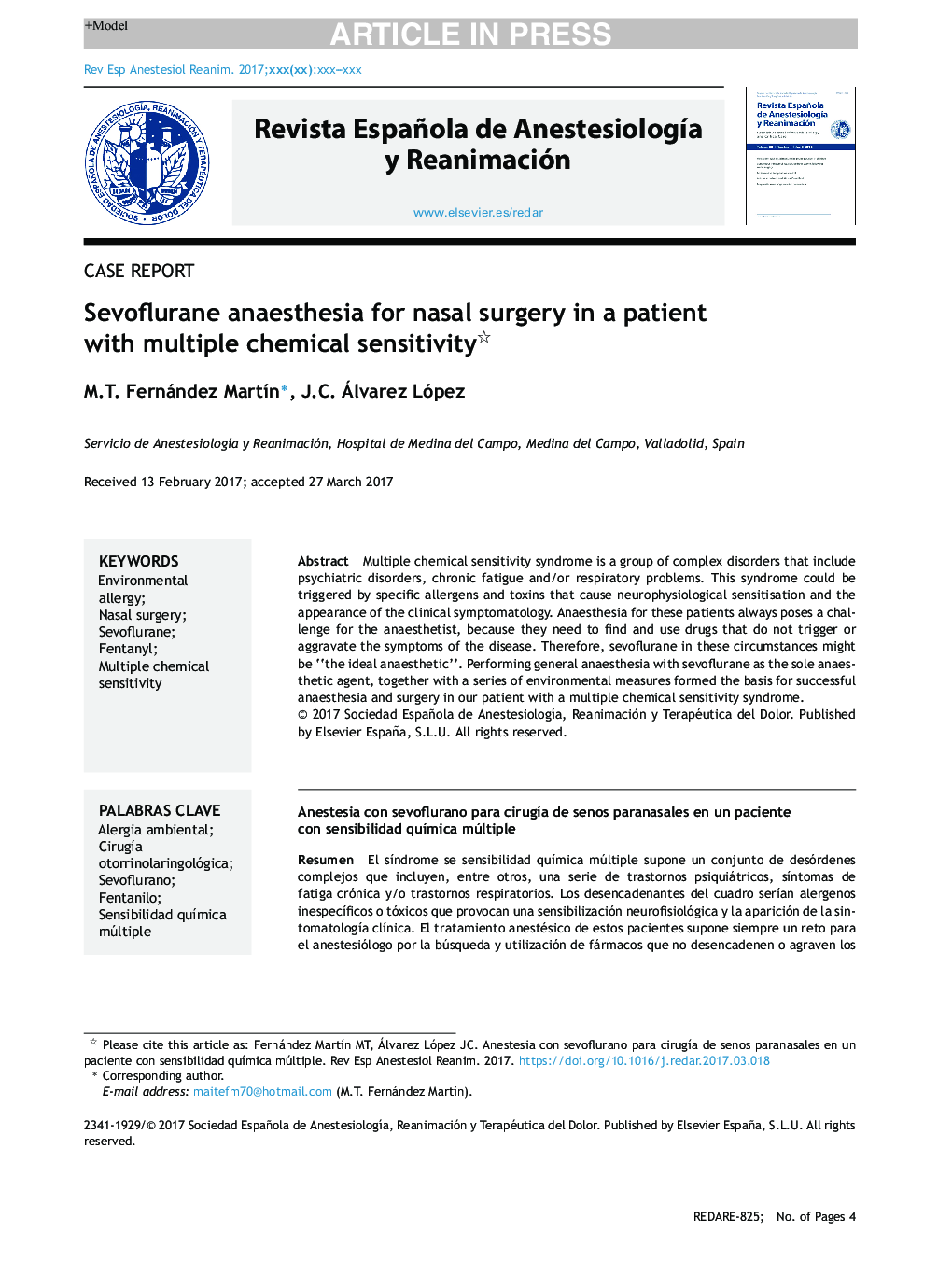 Sevoflurane anaesthesia for nasal surgery in a patient with multiple chemical sensitivity