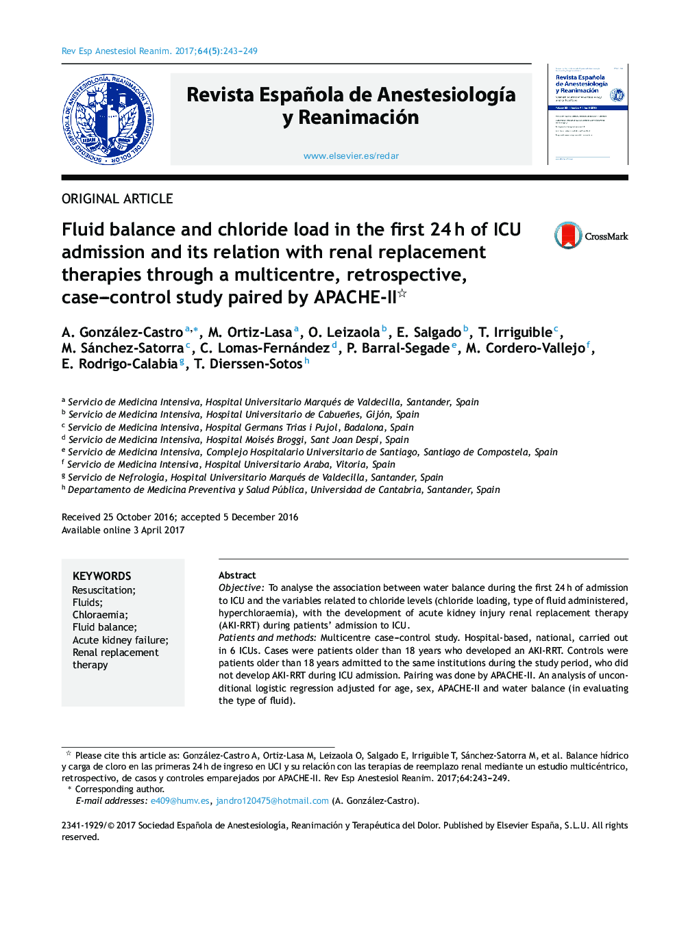 Fluid balance and chloride load in the first 24Â h of ICU admission and its relation with renal replacement therapies through a multicentre, retrospective, case-control study paired by APACHE-II