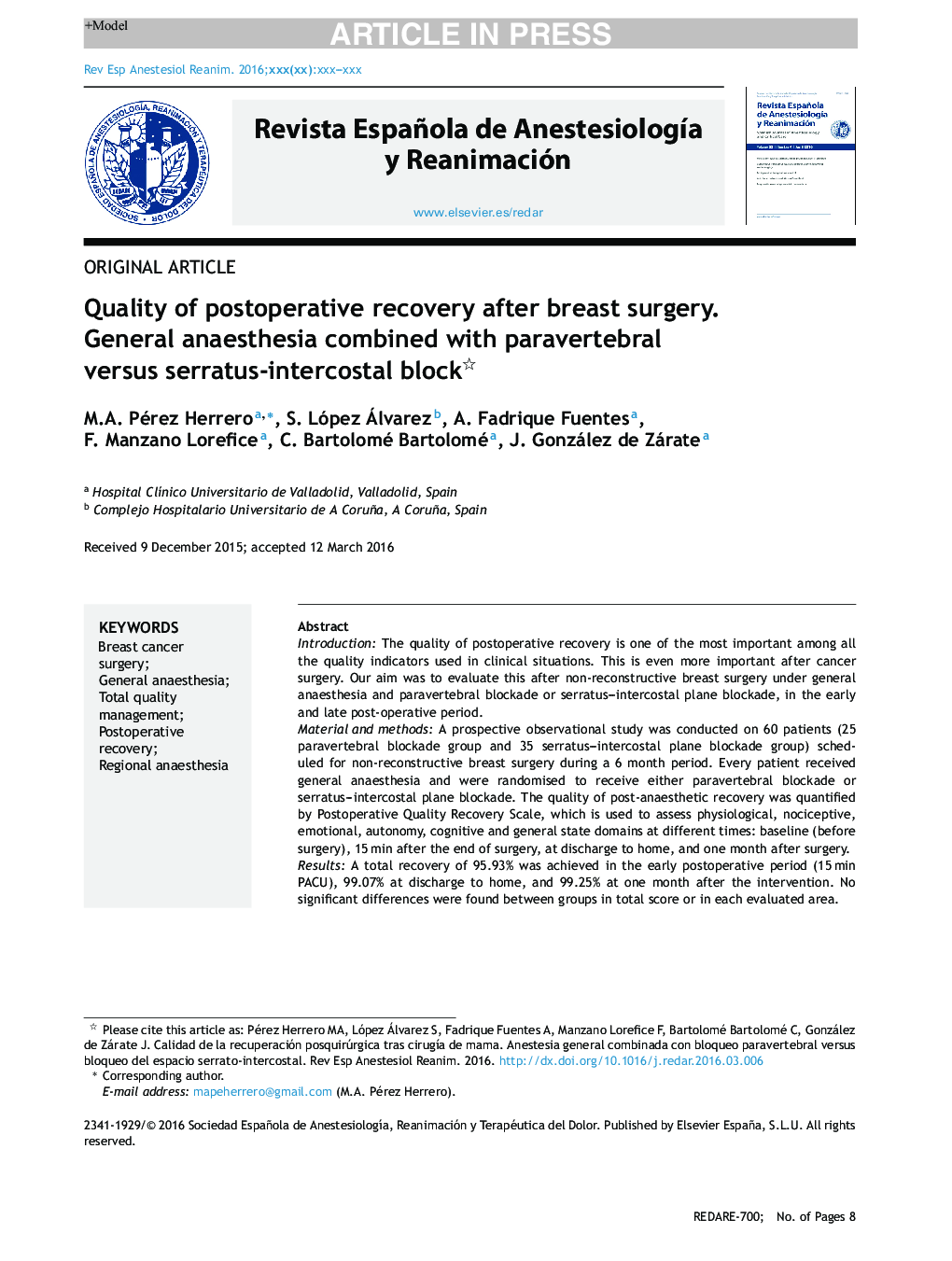 Quality of postoperative recovery after breast surgery. General anaesthesia combined with paravertebral versus serratus-intercostal block