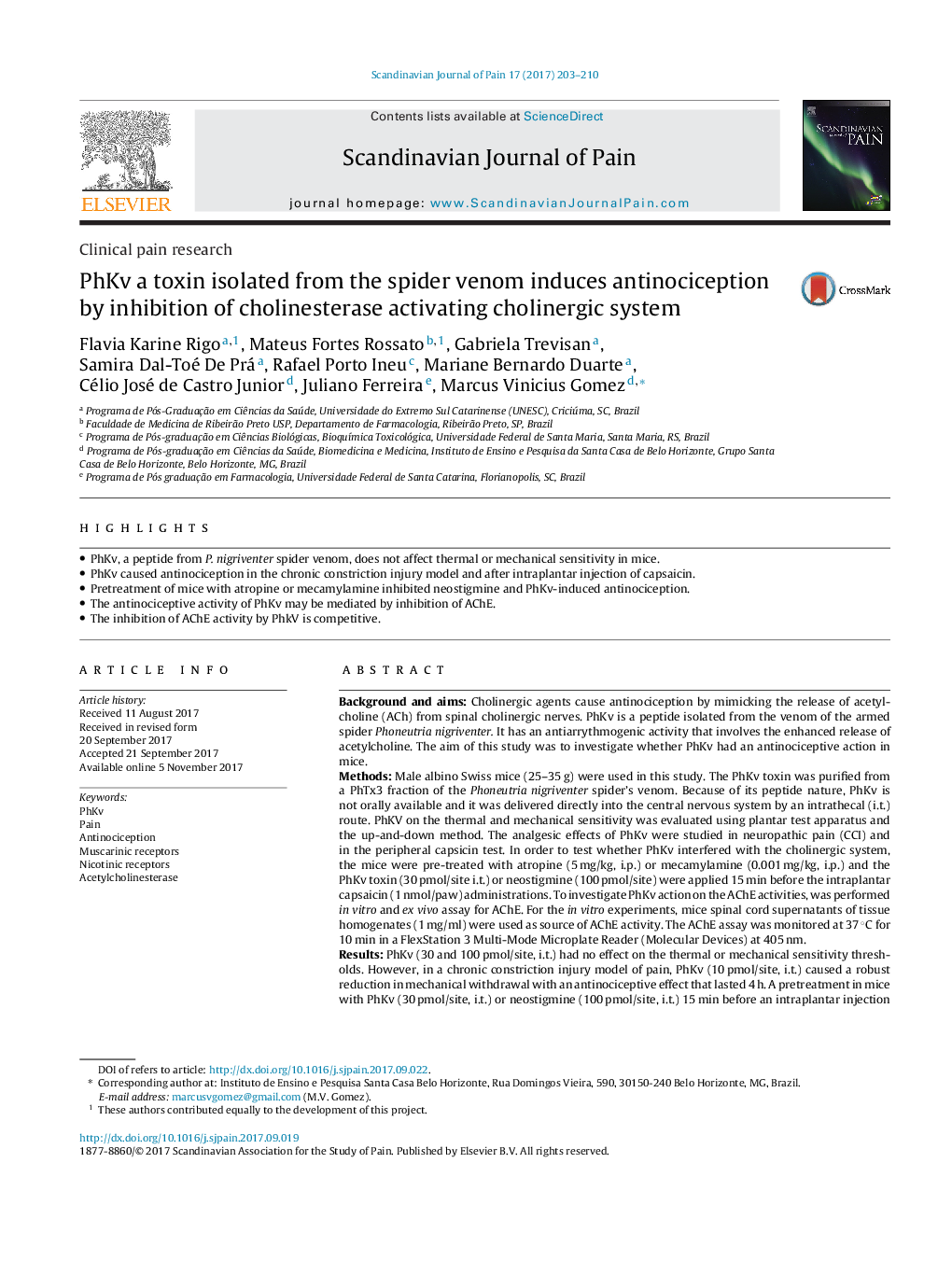 PhKv a toxin isolated from the spider venom induces antinociception by inhibition of cholinesterase activating cholinergic system