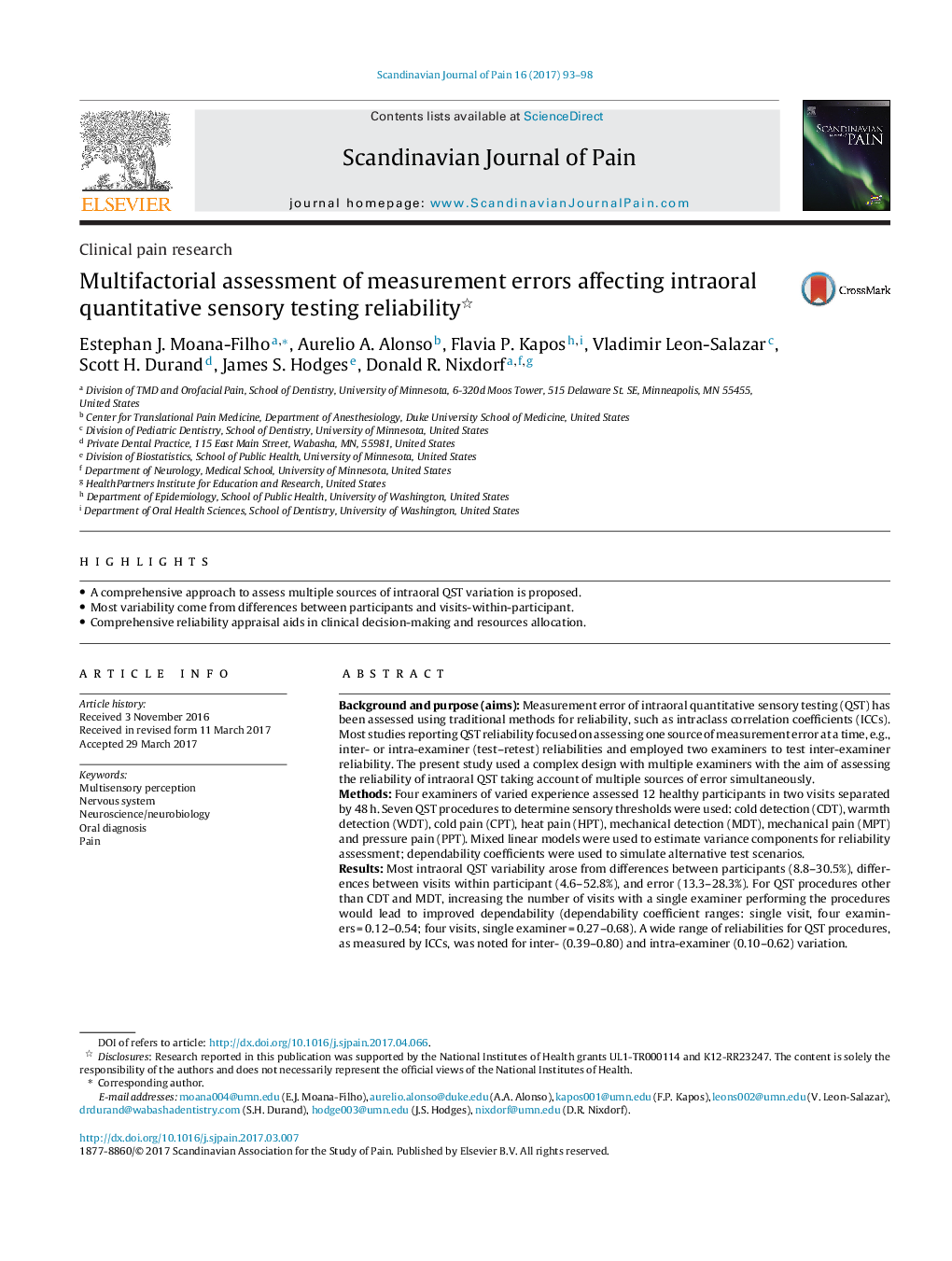 Multifactorial assessment of measurement errors affecting intraoral quantitative sensory testing reliability