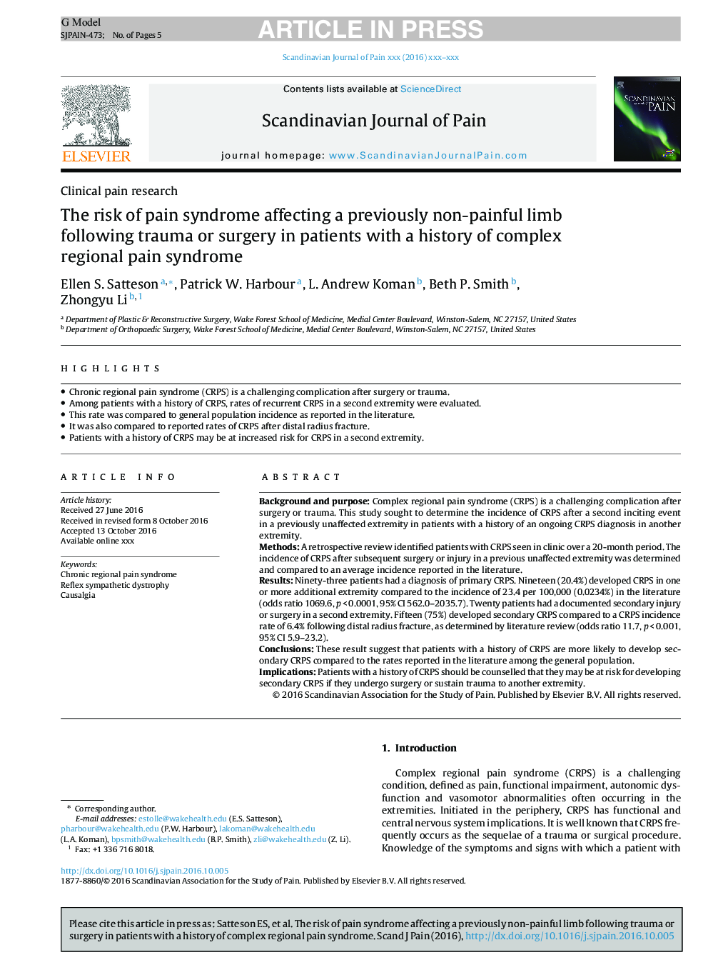 The risk of pain syndrome affecting a previously non-painful limb following trauma or surgery in patients with a history of complex regional pain syndrome